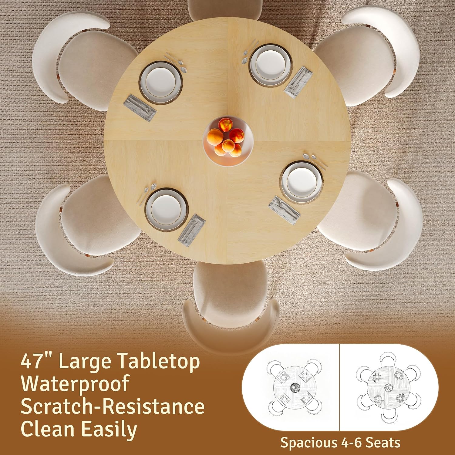 47 inch Round Dining Table for 4-6, Dinner Table with 2-Layer Storage Shelf, Morden Circle Kitchen Table with Wooden Strip Base and Wood Slide Door for Home Dining Room, Living Room, Natural
