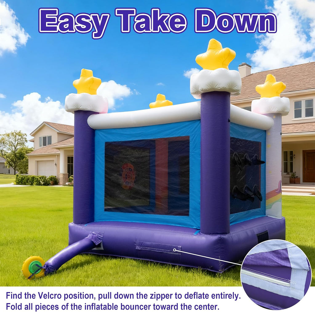Inflatable Commercial Grade Bounce House: 13FT(L) Large Bouncy Castle for Adults and Teenagers- 750W Blower, Basketball Hoop, Premium PVC, Rainbow Style - for Backyard Outdoor Indoor