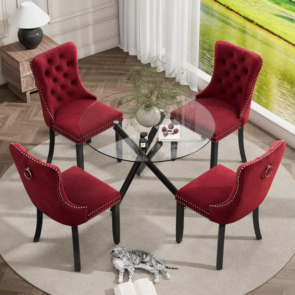 Modern Luxury Round Glass Dining Set for 4, 5 Pcs Small Minimalist Circle Kitchen Table Set, 36'' Circular Glass Top Dinner Room Set, Burgundy High-end Tufted Chairs, for Apartment (Black)