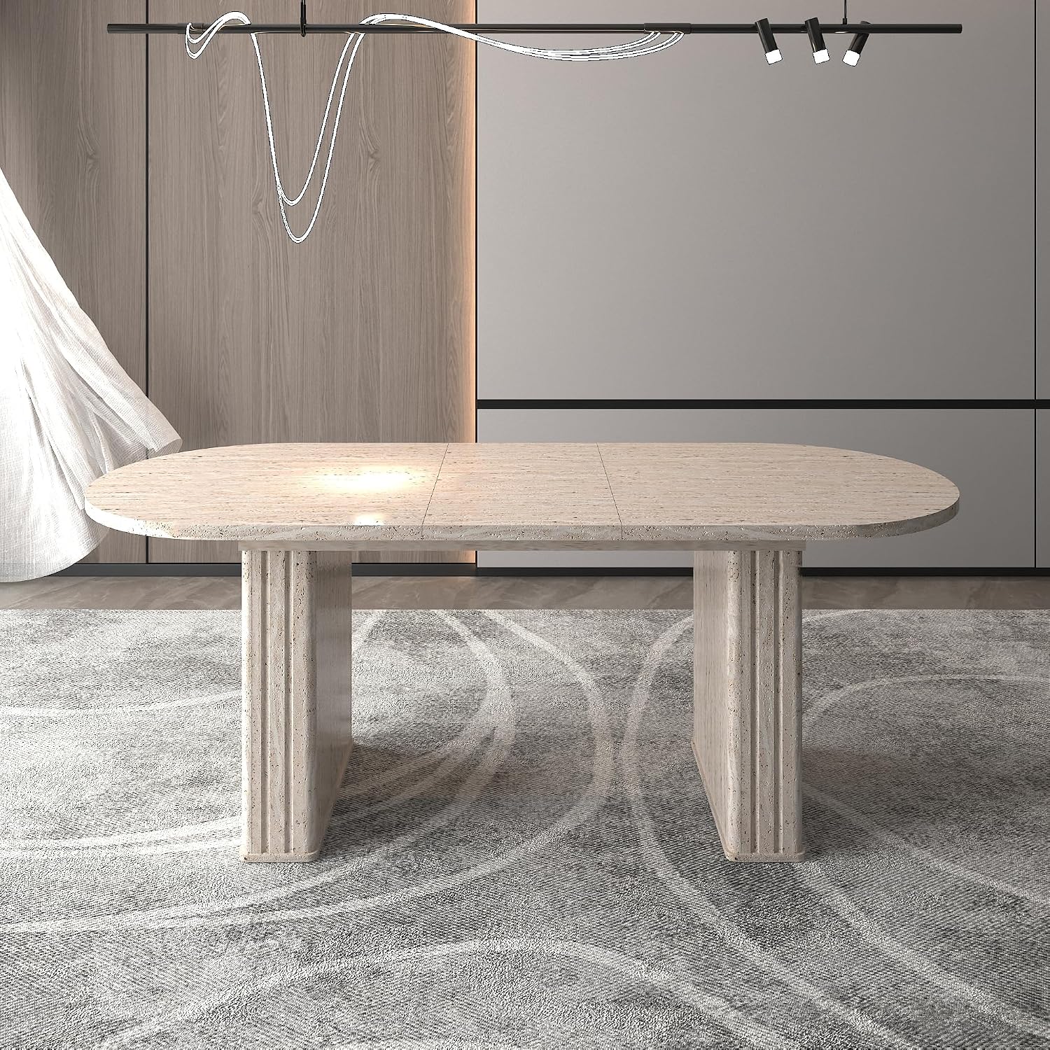 78.74' Extendable Dining Table for 4-8 People,Oval Travertine Inspired Kitchen Table with Wooden Strip Base for Family Living Room,Beige
