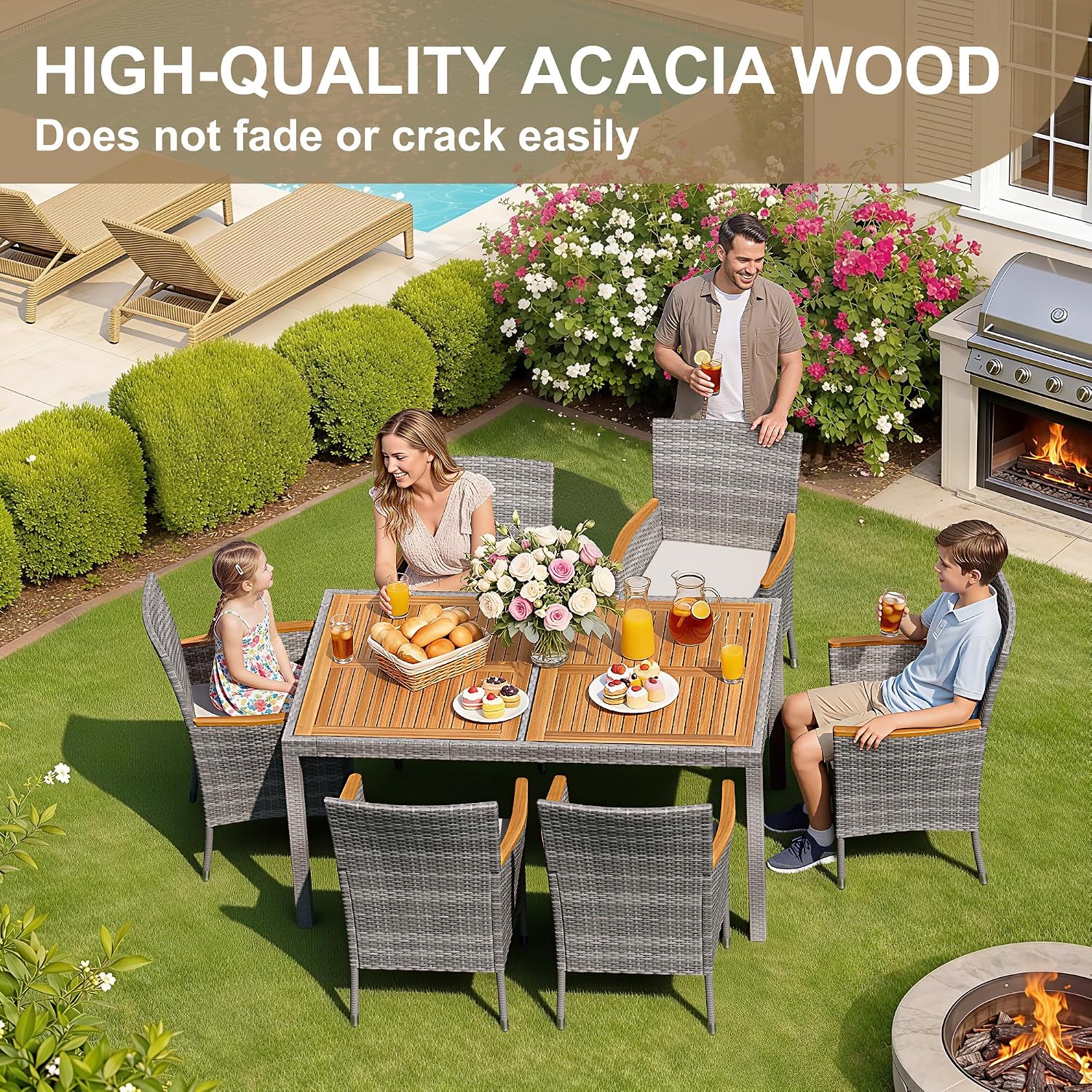 Devoko Dining 7 PCS Furniture, Patio Conversation Set with Acacia Wood Table Top, Outdoor, Beige Cushion and Grey Rattan