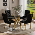 5 Pieces Gold Round Glass Dining Table Set, Modern Luxury Circle Kitchen Set for 4, 36'' Clear Minimalist Circular Glass Top Dinner Room Set, Black High-end Tufted Chairs, for Small Place
