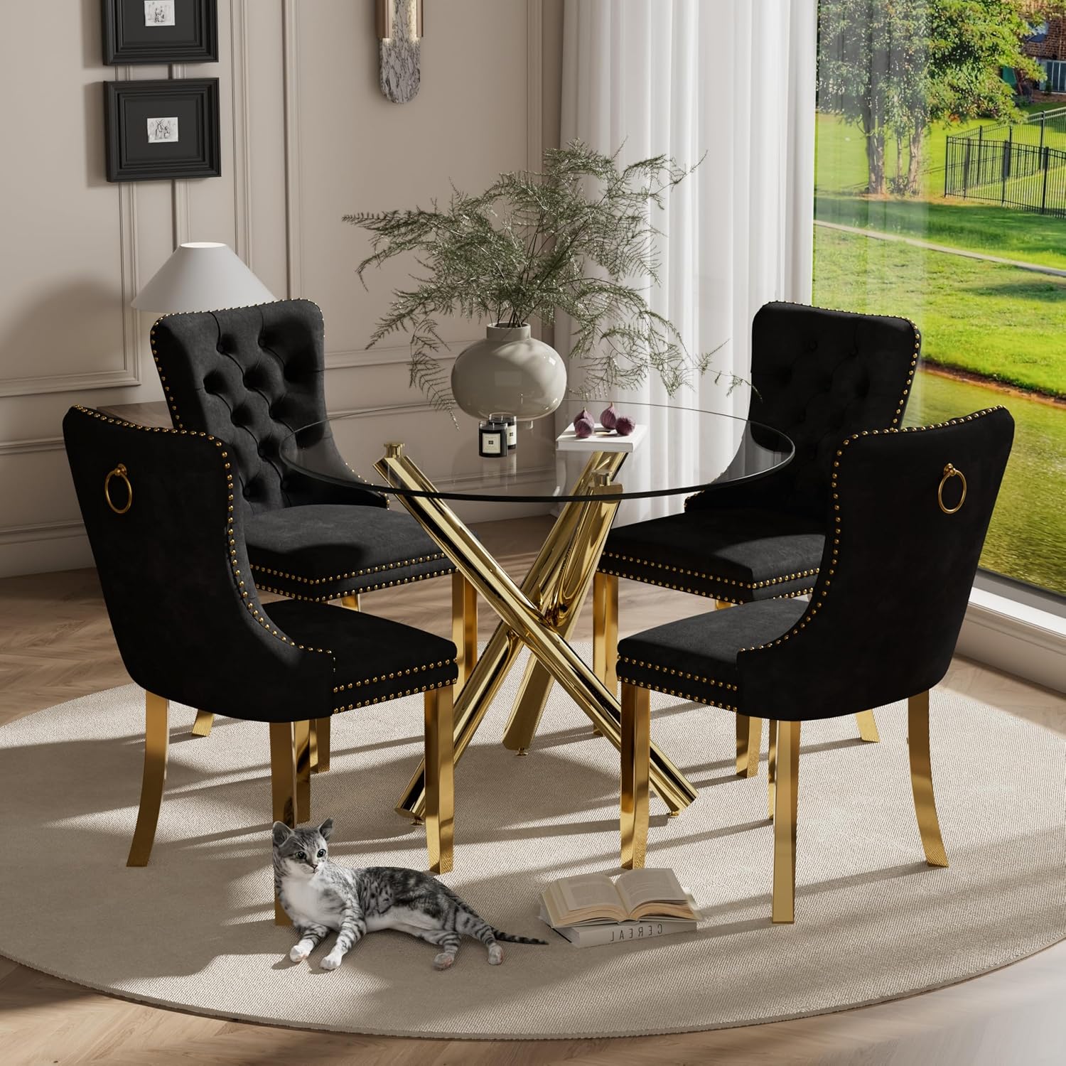 5 Pieces Gold Round Glass Dining Table Set, Modern Luxury Circle Kitchen Set for 4, 36'' Clear Minimalist Circular Glass Top Dinner Room Set, Black High-end Tufted Chairs, for Small Place