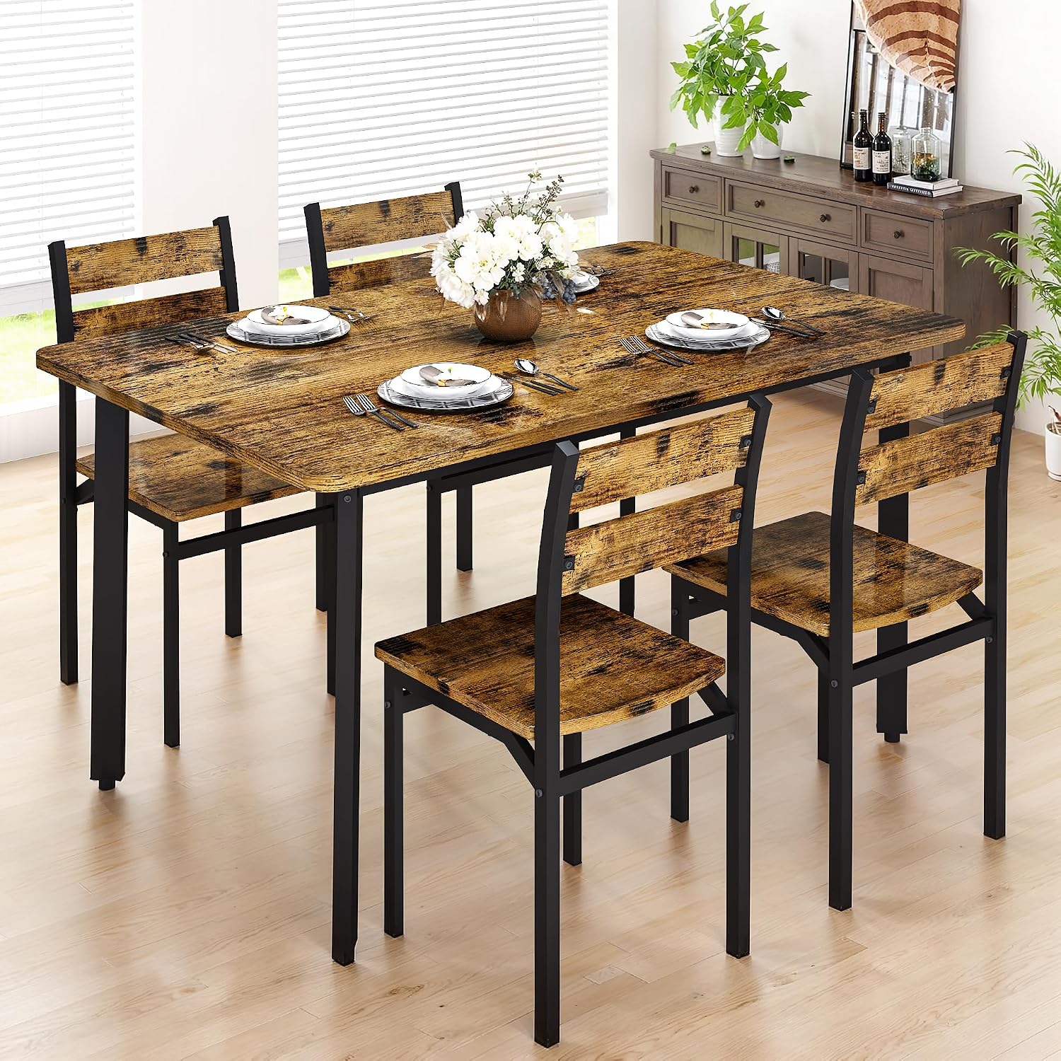 Recaceik Dining Table Set for 4 Wood Kitchen Table Chairs Set, 43 '' Farmhouse 5 Piece Dining Room Table Set, Space-Saving Dinette Set for Breakfast Nook, Apartment