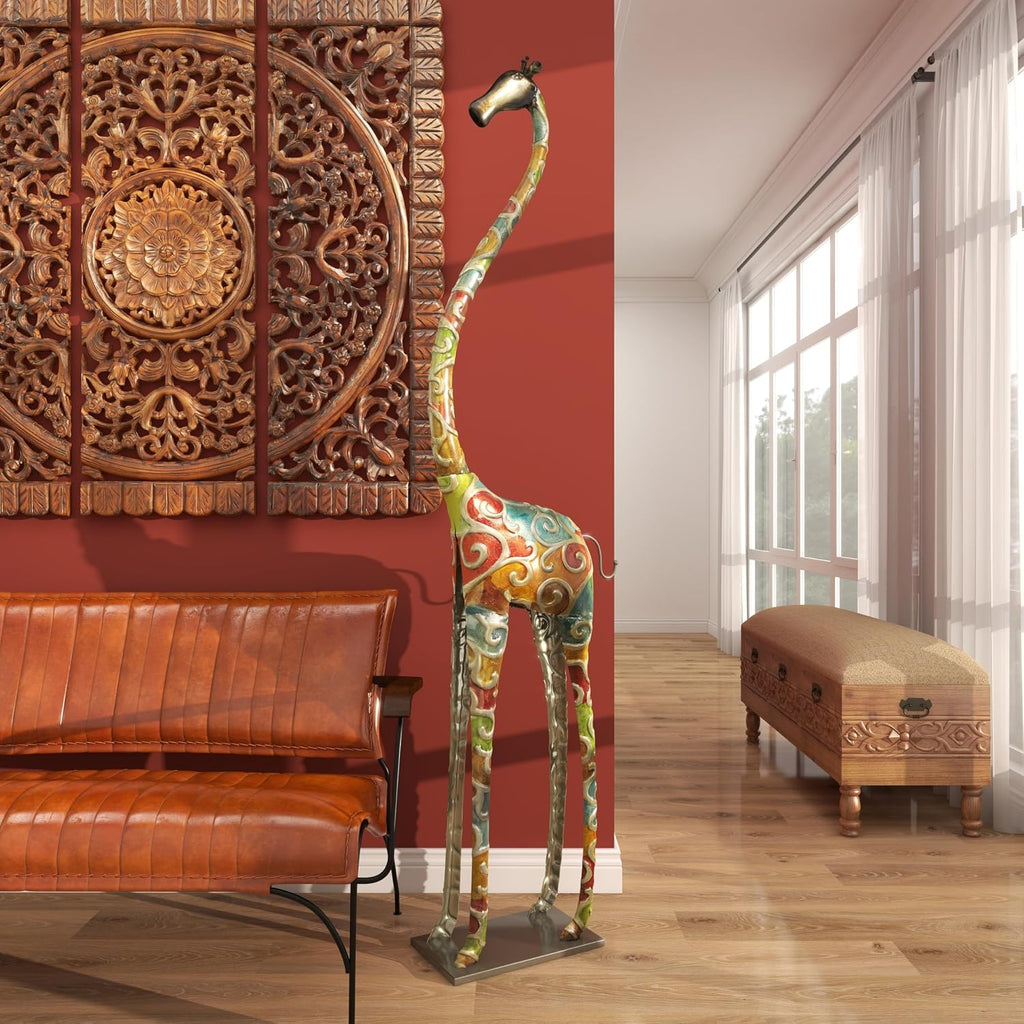 Deco 79 Metal Giraffe Decorative Sculpture Indoor Outdoor Tall Home Decor Statue with Detailed Embossed Scrollwork, Accent Figurine 17' x 7' x 73', Multi Colored