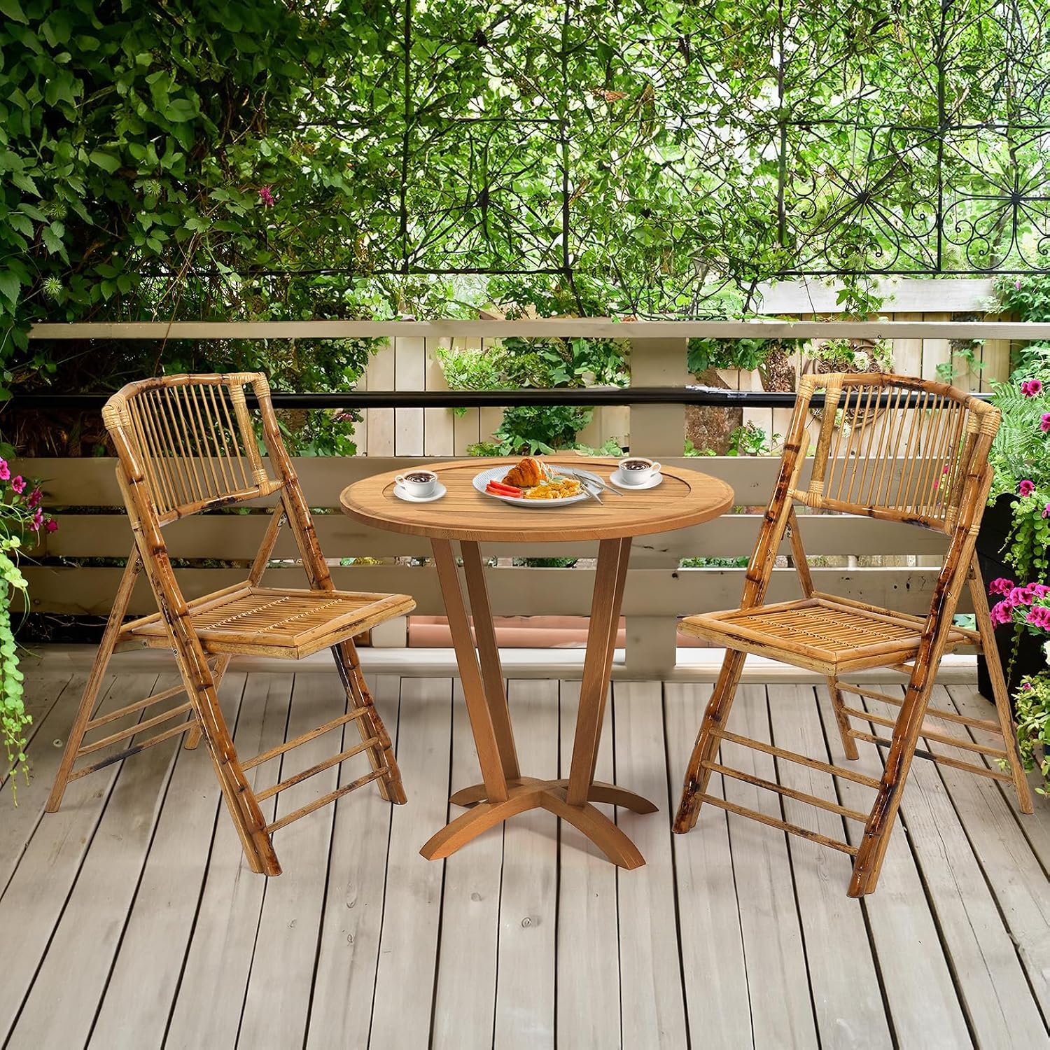 VINGLI Bamboo Folding Chair, Foldable Dining Wood Chairs Comfortable Seat for Outdoor & Indoor, Patio, Porch, Wedding, Party, Event,Brown (2 Pack)