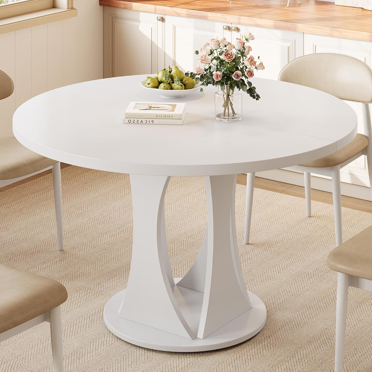Einhomn Round Dining Table for 4-6, Kitchen Table with Sturdy Double Arc & Rounded Base & Backboard Clasp Desktop, Mid-Century Modern Circle Dinner Table for Dining Living Room, Space Saving, White