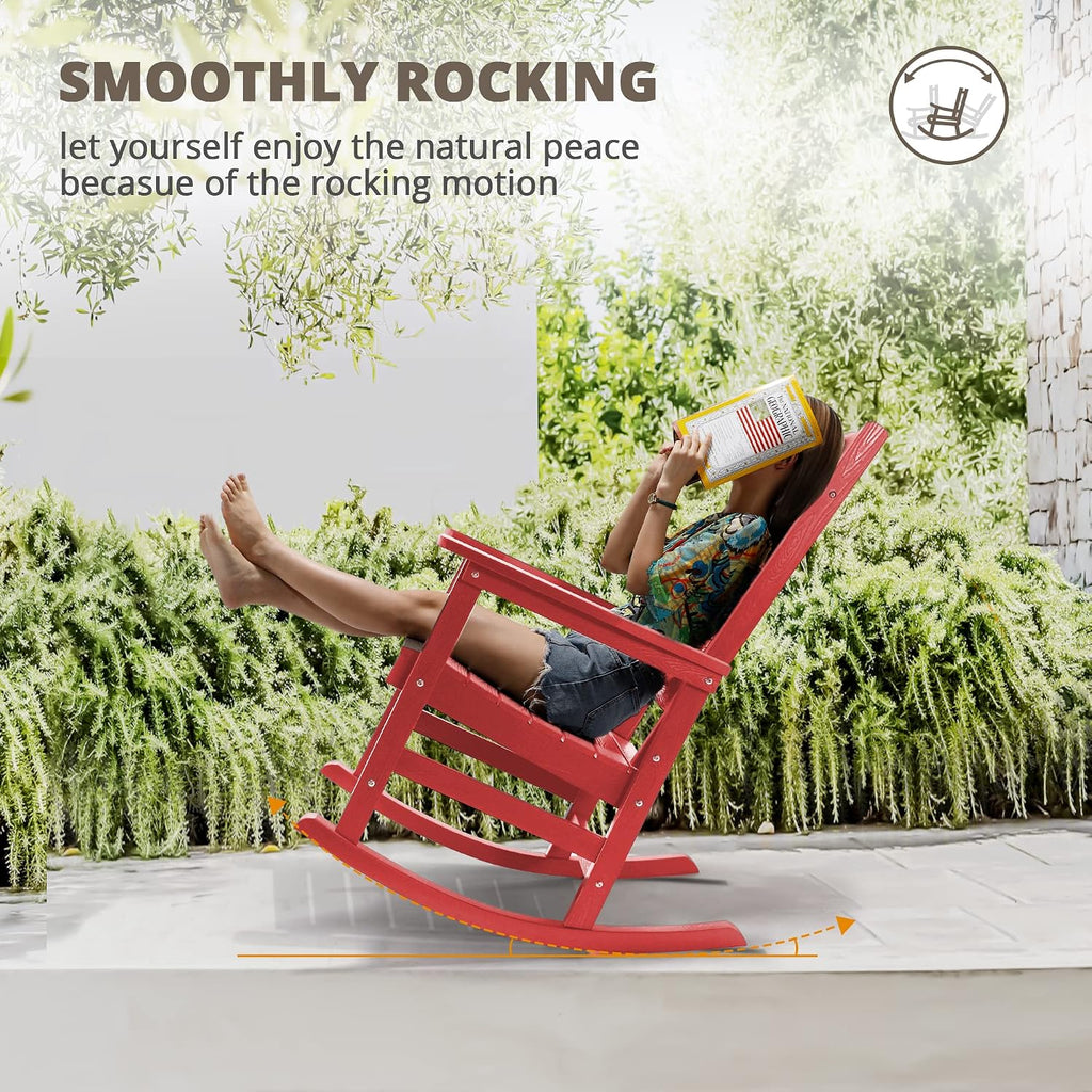 LUE BONA Rocking Chair Outdoor, Weather Resistant Poly Plastic Rocker Chairs, 350lb Heavy Duty, Oversized Porch Rocker for Adult, High Back Smooth Rocking Chairs for Outdoor & Indoor, Bright Red