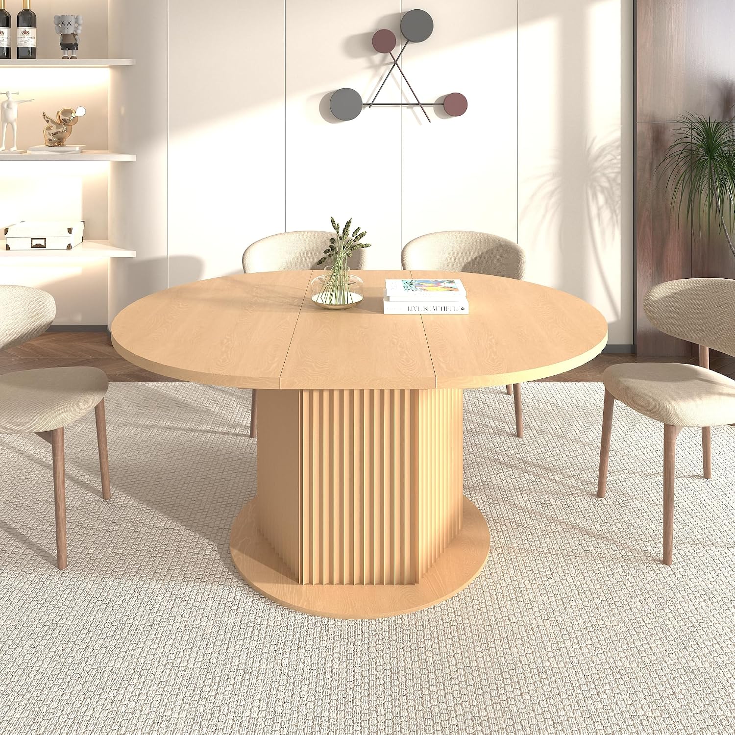 62.99'' Extendable Round Oval Dining Table for 4-6, Modern Wood Expandable Kitchen Dinner Conference Table for Living Room Office, Light Brown