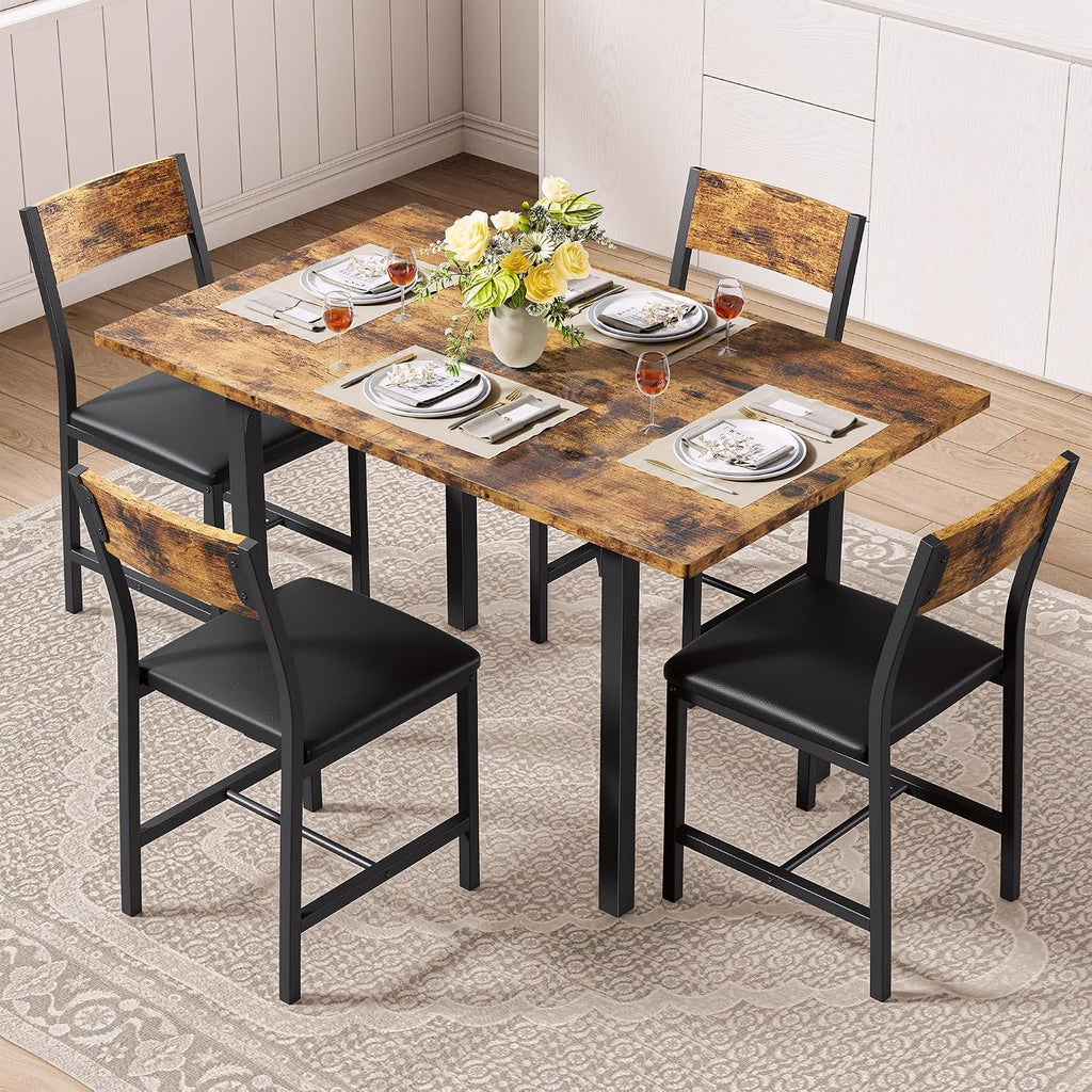 IRONCK 5-Piece Dining Table Set for 4, Extendable Kitchen Table Chairs Set of 4, Dining Room Table with 4 Upholstered Chairs, Folding for Small Space, Apartment, Rustic Brown
