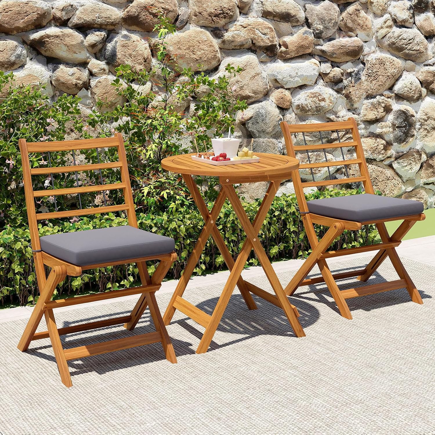 Tangkula 3 Piece Patio Wood Bistro Set, Folding Table Chair Set w/Soft Seat Cushions, Acacia Wood Frame, High-Back Portable Chairs w/Table for Backyard, Poolside (Grey)