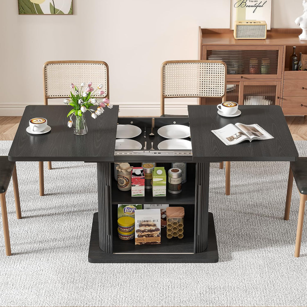 Extendable Black Dining Table for 4-6, 47-65 Inch Rectangle Dining Room Kitchen Table with Large Storage, Wood Sliding Door, Mid Century Modern Dinner Furniture, Fluted, Space Saving, Living Room