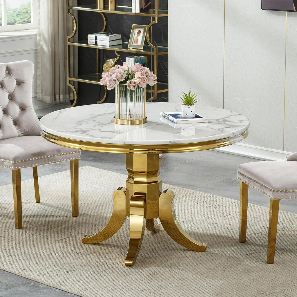 45 inch Round Marble Dining Table for 4 to 6, Modern Circular White Faux Marble Kitchen Table with Gold Stainless Steel Leg, Round Kitchen Dining Room Table for Breakfast Dinette Dinner Dinning Room