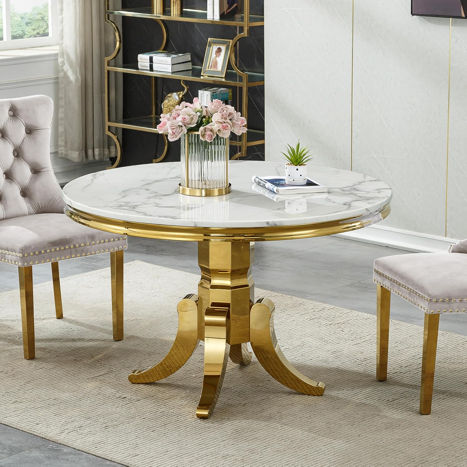 45 inch Round Marble Dining Table for 4 to 6, Modern Circular White Faux Marble Kitchen Table with Gold Stainless Steel Leg, Round Kitchen Dining Room Table for Breakfast Dinette Dinner Dinning Room