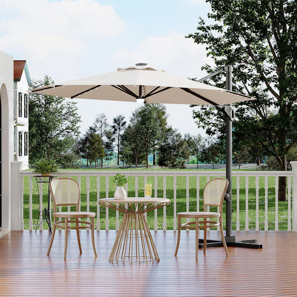 Garvee 10 ft Cantilever Patio Umbrella with Solar Lights, 360° Rotation Offset Umbrella, Easy Crank & Tilt Adjustment, UV Protection for Backyard, Poolside, Deck -Beige