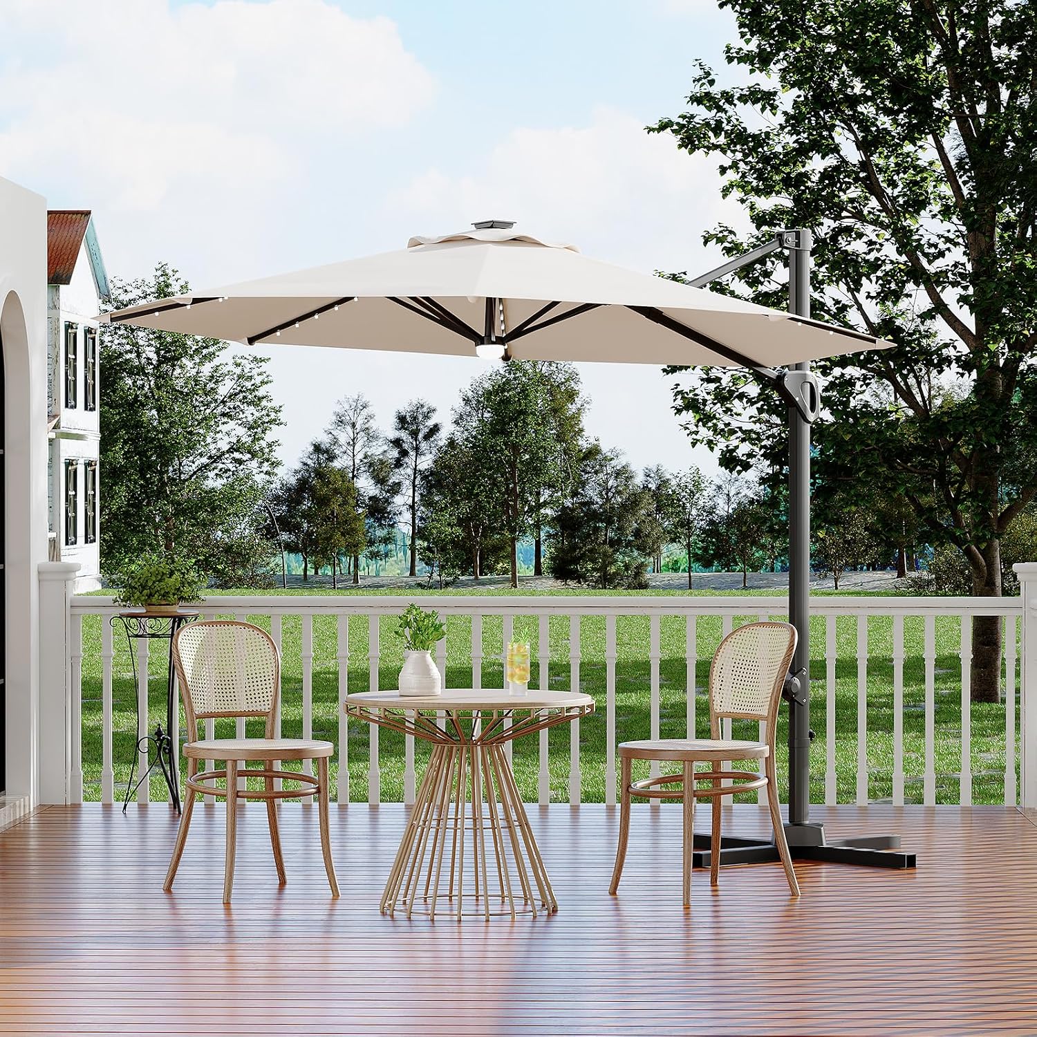 Garvee 10 ft Cantilever Patio Umbrella with Solar Lights, 360° Rotation Offset Umbrella, Easy Crank & Tilt Adjustment, UV Protection for Backyard, Poolside, Deck -Beige