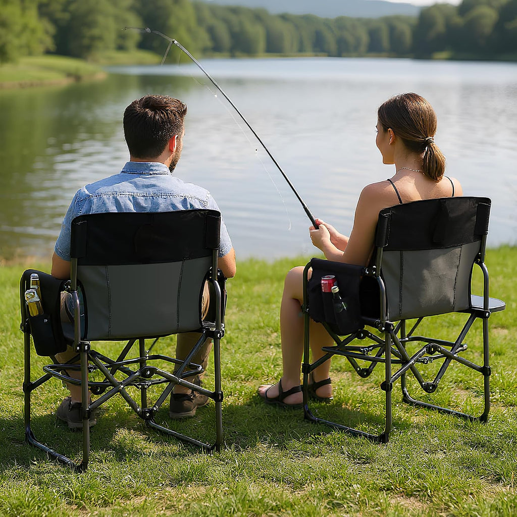Garvee Oversized Directors Chair, Portable Folding Camping Chair for Adults Support 400 lbs, Heavy Duty Lawn Chair with Side Table, for Camping, Sports, Picnic, Beach, Fishing (Black, 2 PC)