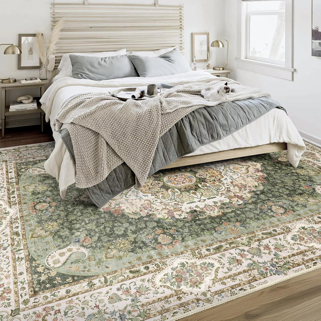 Casrage 6'x9' Area Rugs Washable,Green Rug for Living Room Bedroom Kitchen,Large Boho Vintage Bohemian Distressed Carpet Non Slip,Floral