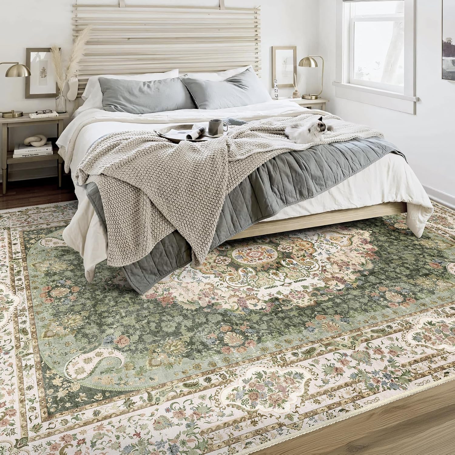 Casrage 6'x9' Area Rugs Washable,Green Rug for Living Room Bedroom Kitchen,Large Boho Vintage Bohemian Distressed Carpet Non Slip,Floral