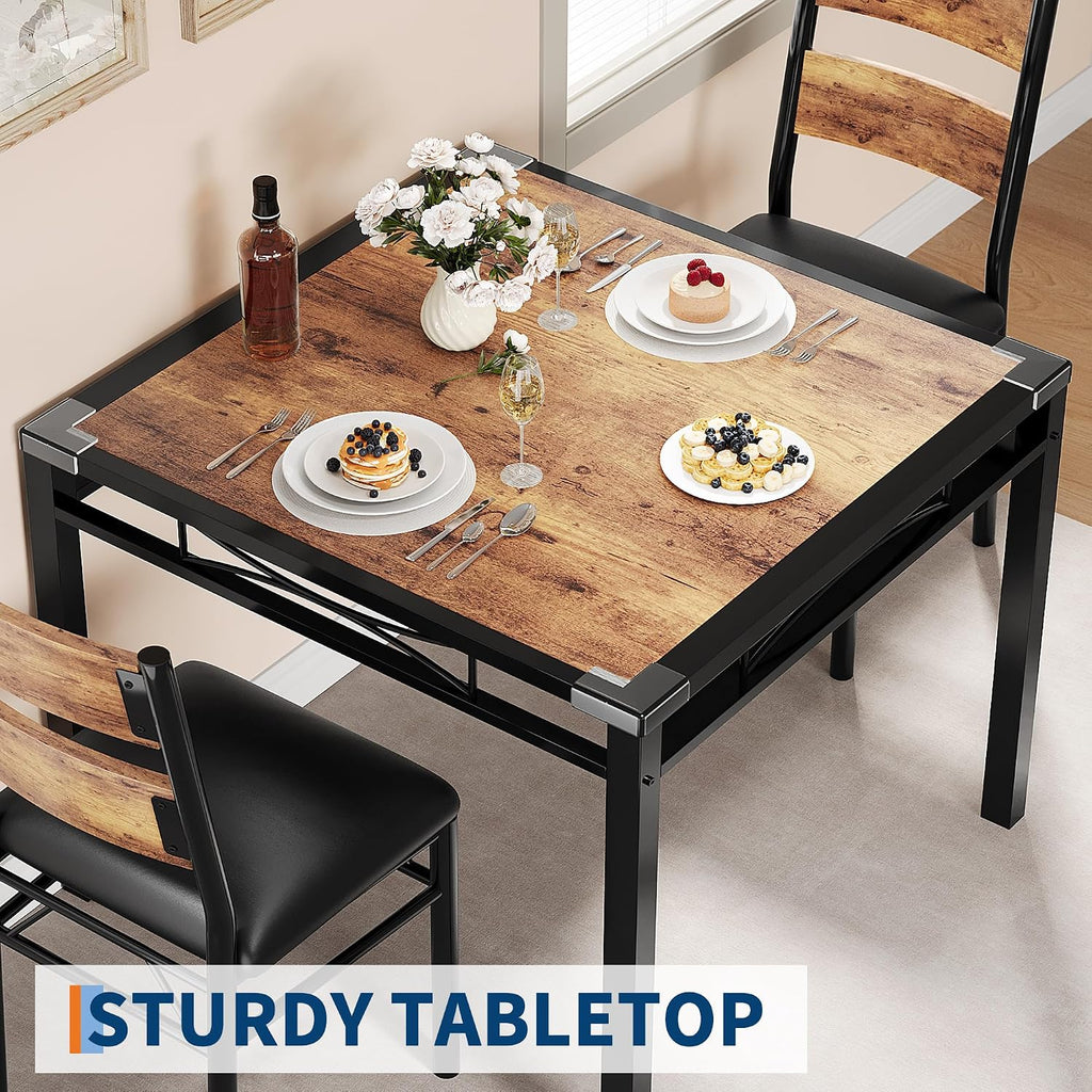 IDEALHOUSE Dining Table Set for 2, Dining Table with 2 Upholstered Chairs, Bistro Table and Chairs Set of 2 with Corner Protector for, Kitchen, Apartment, Retro Brown