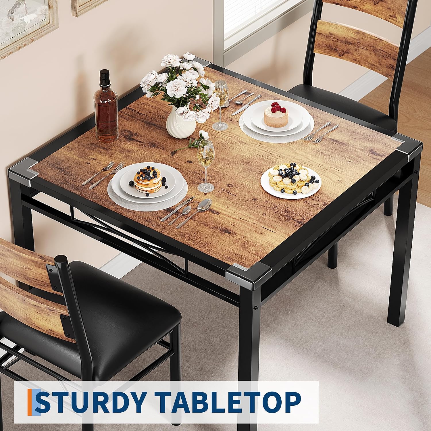 IDEALHOUSE Dining Table Set for 2, Dining Table with 2 Upholstered Chairs, Bistro Table and Chairs Set of 2 with Corner Protector for, Kitchen, Apartment, Retro Brown