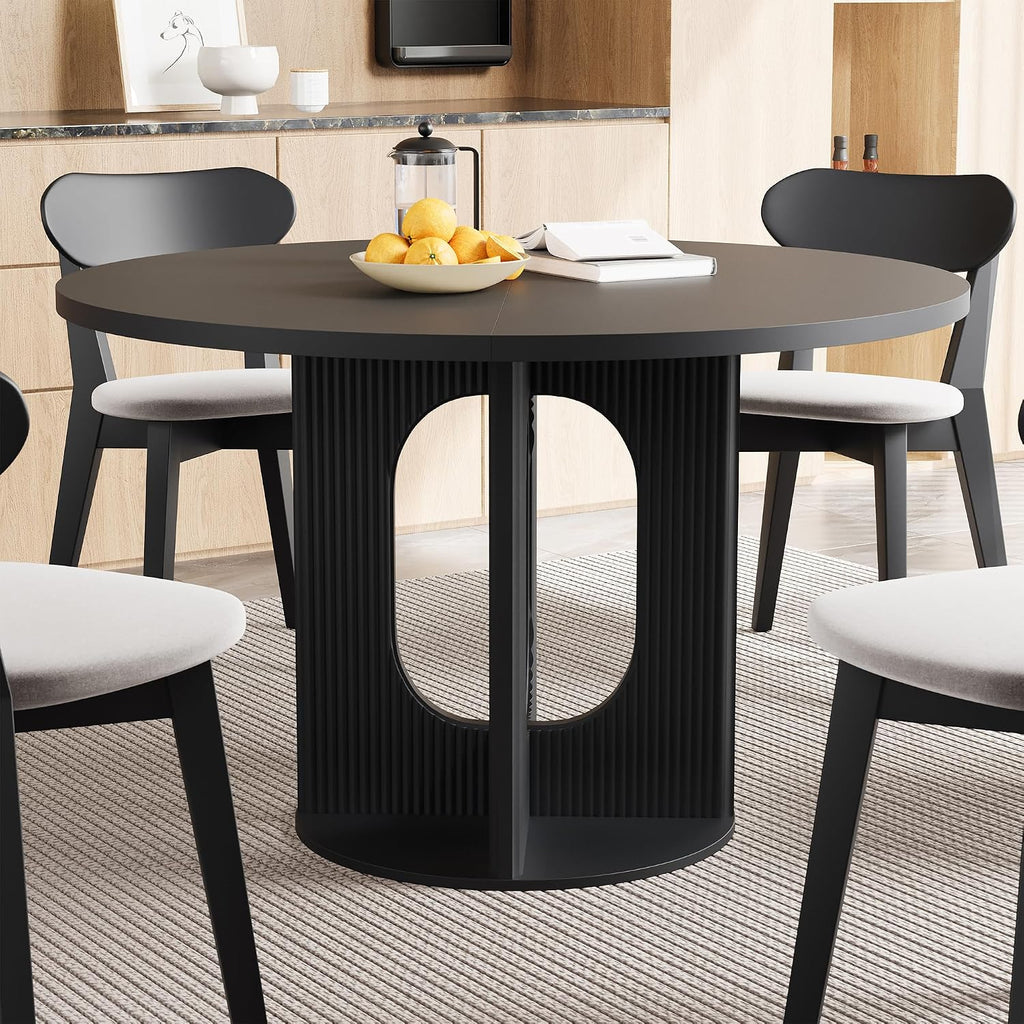 weselon Farmhouse Round Fluted Dining Table for 4, 47 Inch Circle Kitchen Table with Wooden Pedestal Base, Dinner Tables for Home Living Room Kitchen (Black)