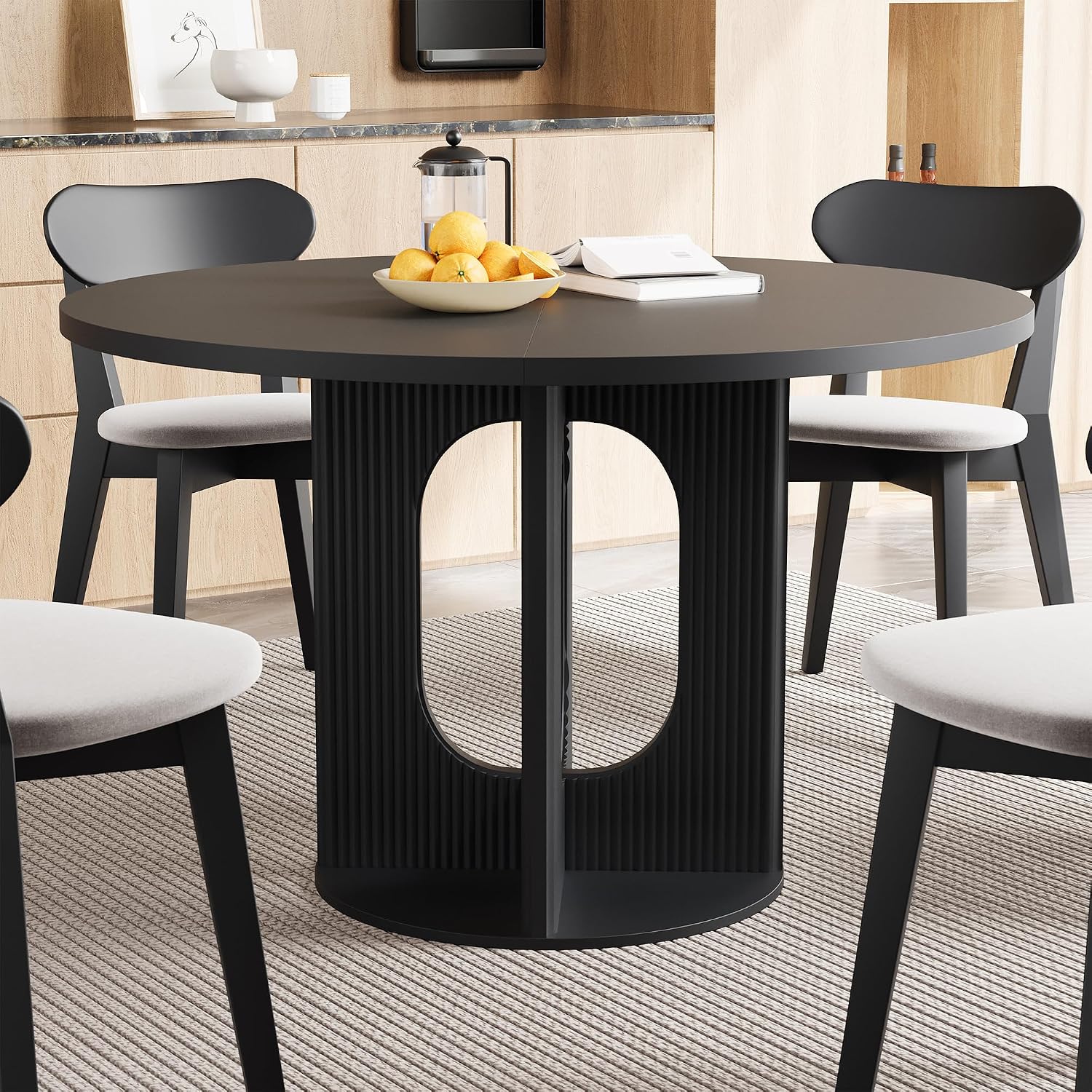 weselon Farmhouse Round Fluted Dining Table for 4, 47 Inch Circle Kitchen Table with Wooden Pedestal Base, Dinner Tables for Home Living Room Kitchen (Black)