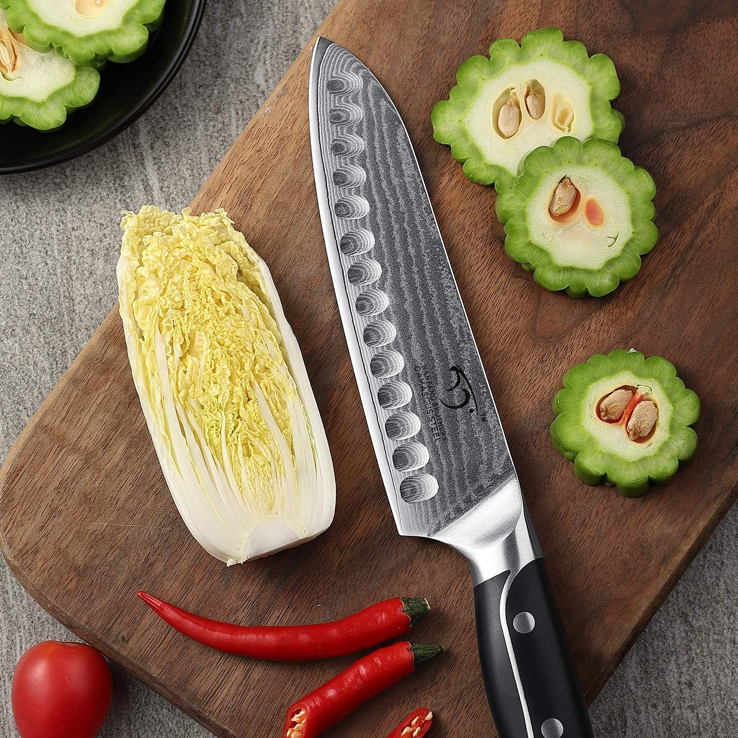 Damascus Kitchen Knife Sets, 9 Pieces Kitchen Knives Set with Block, ABS Ergonomic Handle for Chef Knife Set, Knife Sharpener and Kitchen Shears, Knife Block Set