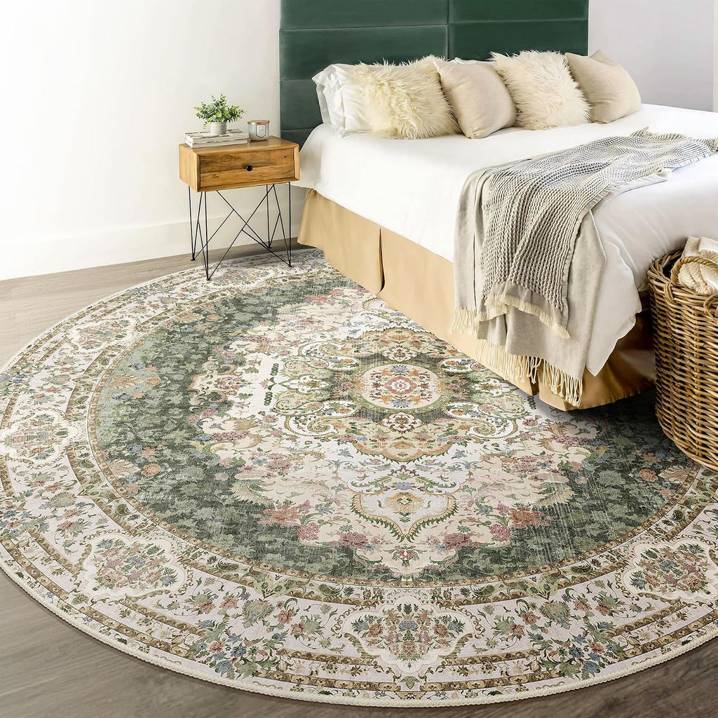 Green Round Rug 6ft,Large Circle Area Rugs for Bedroom Living Room Dining Room,Washable Boho Vintage Bohemian Distressed Oriental Carpet Non Slip,Sage Floral