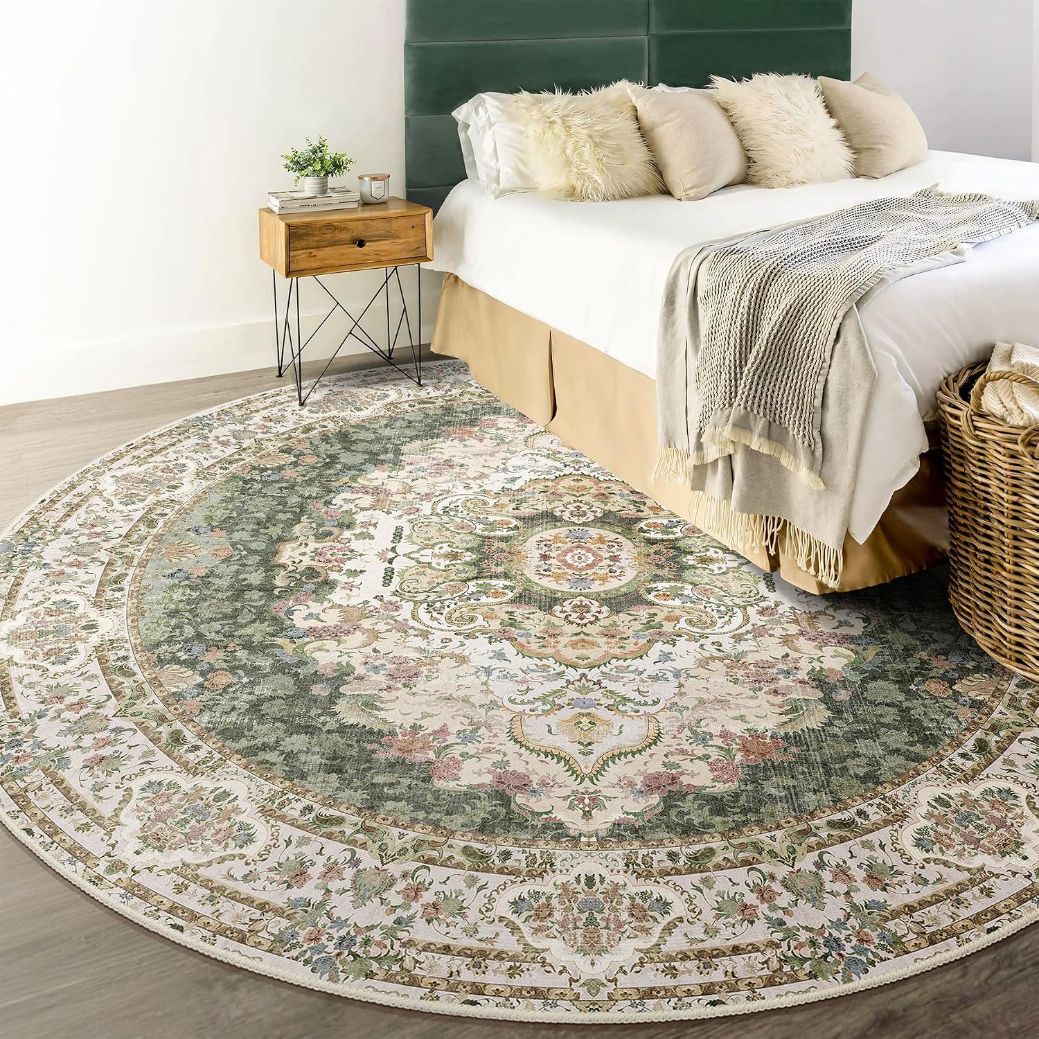 Green Round Rug 6ft,Large Circle Area Rugs for Bedroom Living Room Dining Room,Washable Boho Vintage Bohemian Distressed Oriental Carpet Non Slip,Sage Floral