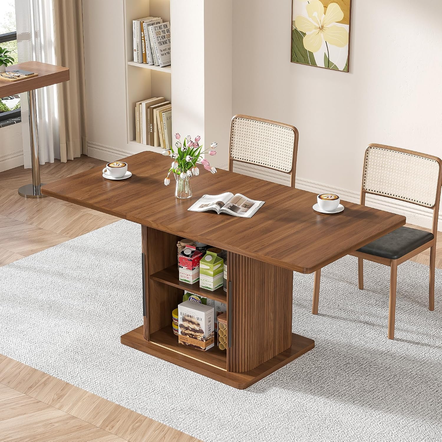 Extendable Dining Room Table for 4-6, 47-65 Inch Rectangle Kitchen Dining Table with Large Storage, Fluted Sliding Door, Expandable Mid Century Modern Dinner Furniture, Living Room, Walnut, Brown