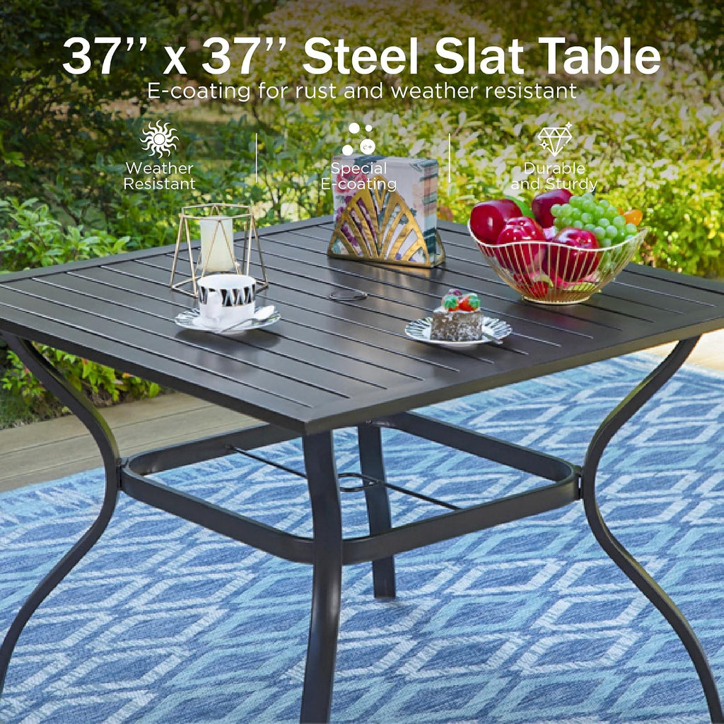PHI VILLA 37 Inch Outdoor Dining Table Metal Steel Slat Square Patio Dining Table with 1.57' Umbrella Hole for Garden, Backyard and Porch (Classic Black)