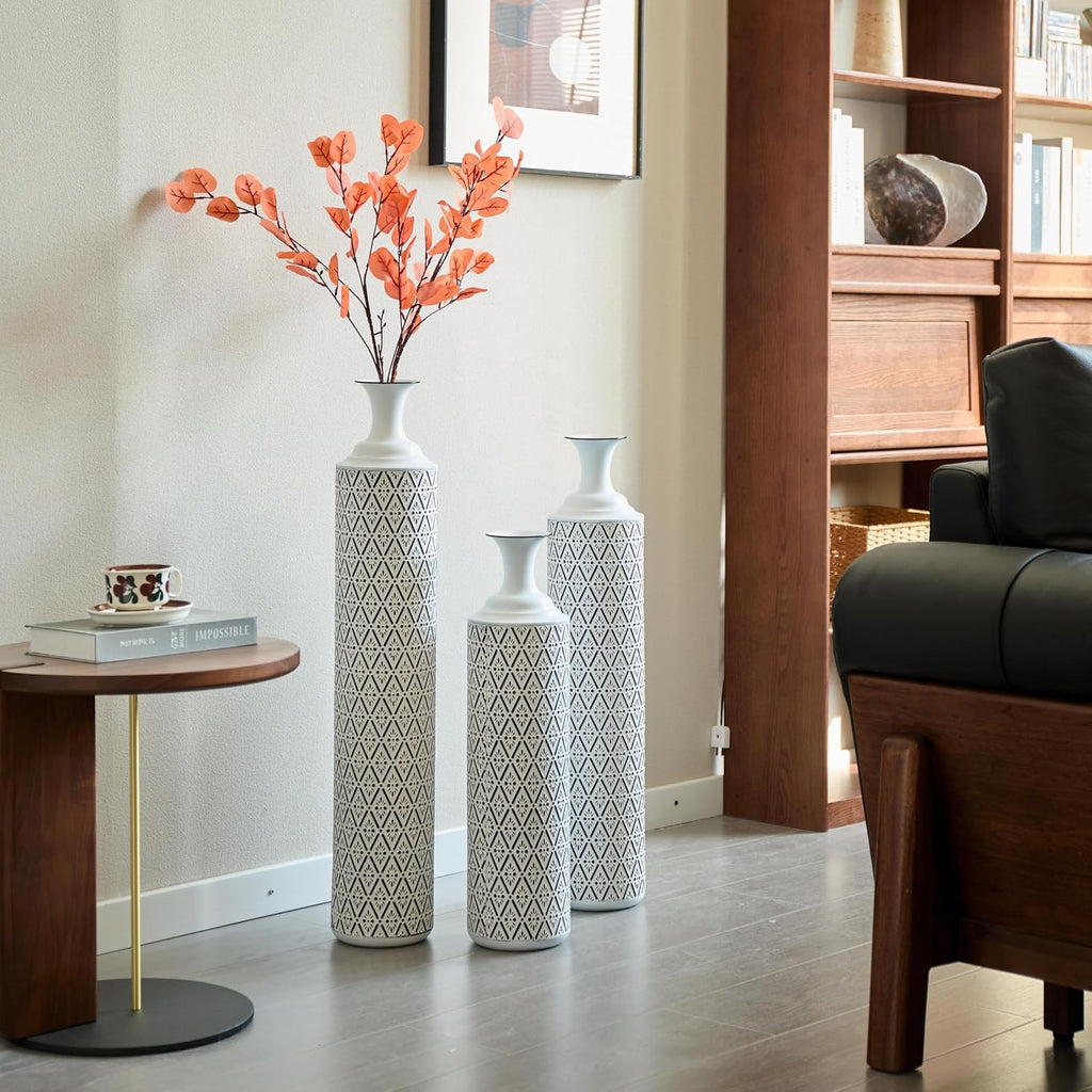 Tall Floor Vases Set of 3 - Modern White Metal Vases with Black Geometric Pattern, Decorative Cylinder Vase for Living Room, Home Decor, Entryway & Wedding Centerpieces (White+Black Rhombus)