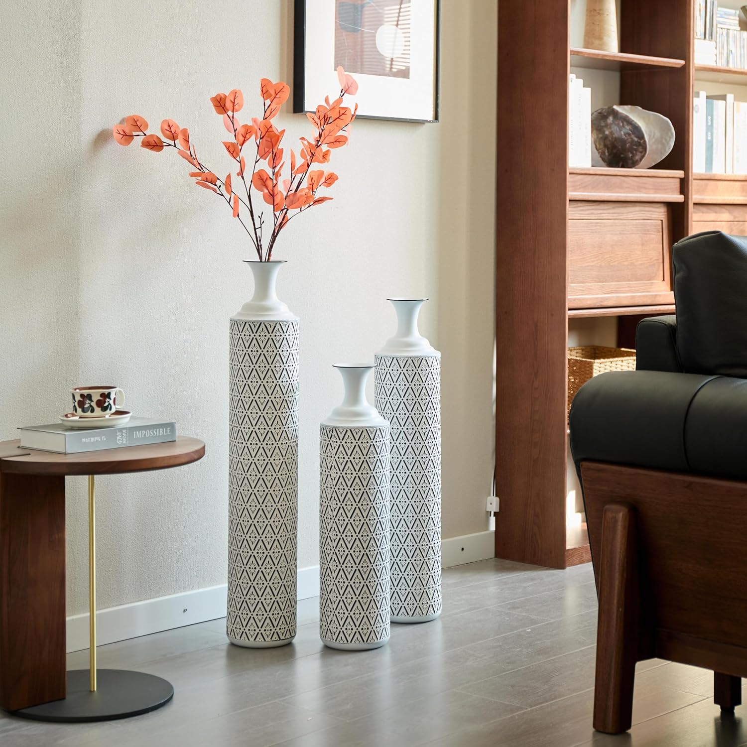 Tall Floor Vases Set of 3 - Modern White Metal Vases with Black Geometric Pattern, Decorative Cylinder Vase for Living Room, Home Decor, Entryway & Wedding Centerpieces (White+Black Rhombus)