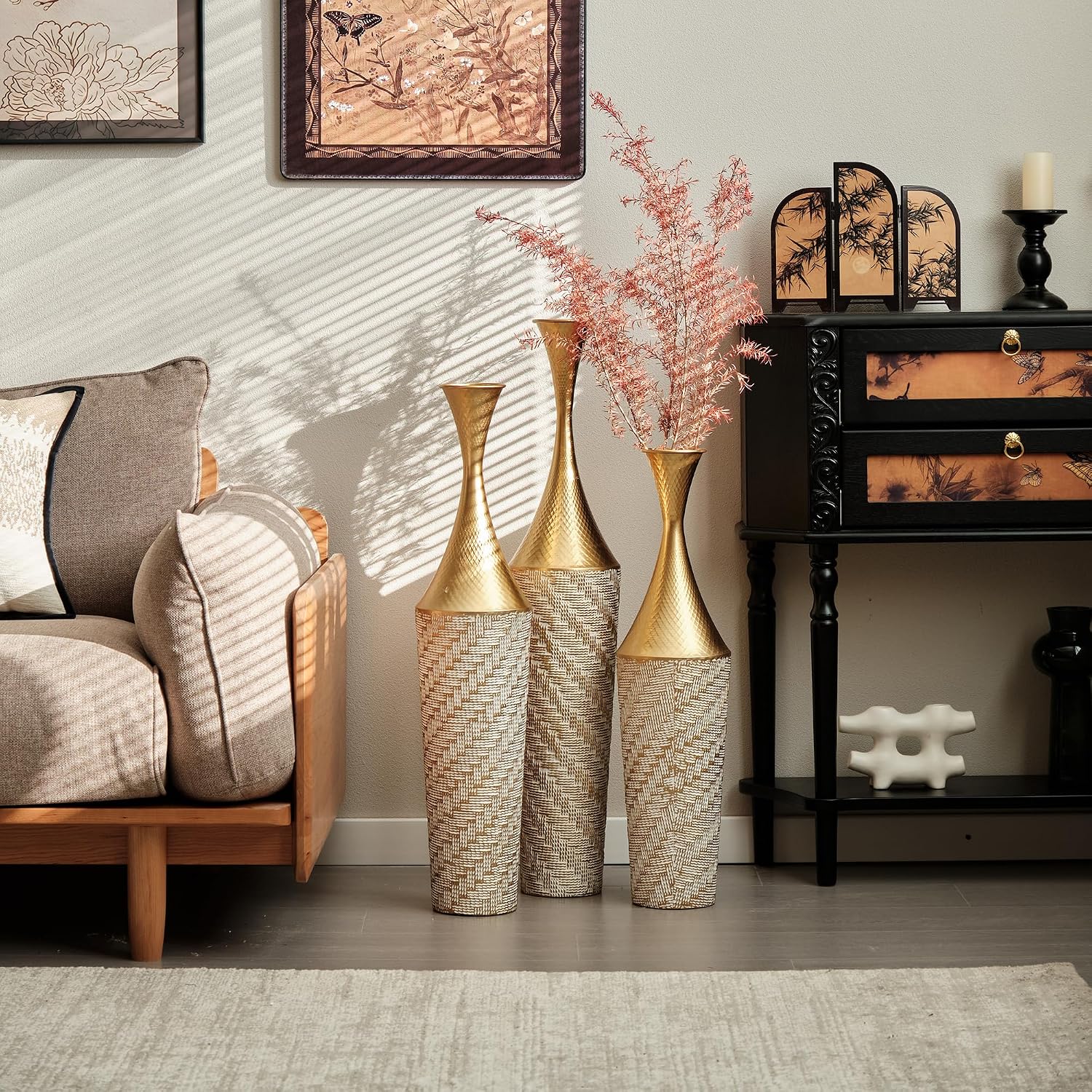 Floor Metal Decorated Vases Set of 3 for Gorgeous Home Decoration Large Glazed Metal Vases (Champagne)