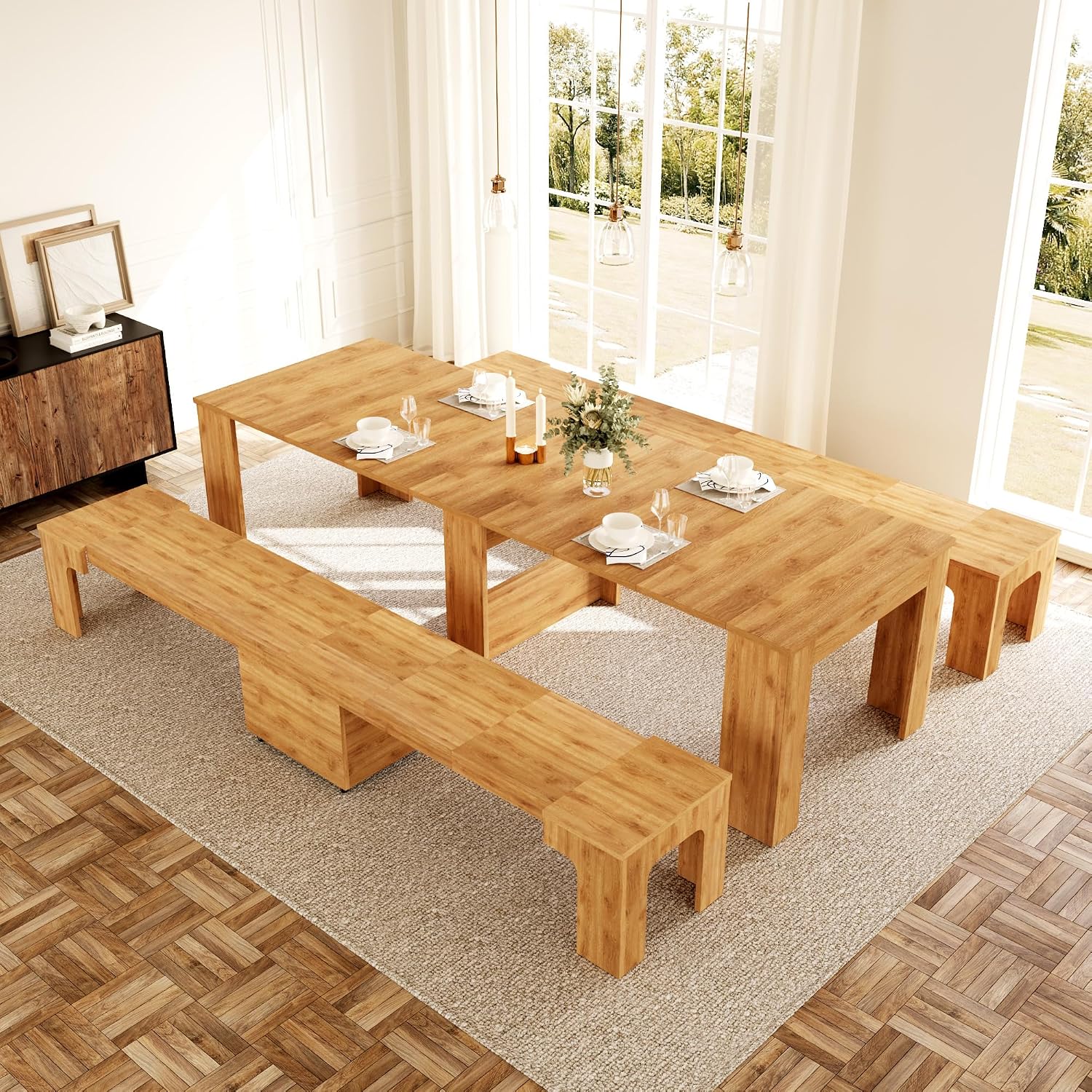 HIPIHOM 17.7'-118' Extendable Dining Table with 2 Benches, Extension Table Set with Extension Leaves Holder, Space-Saving Extra Long Dining Table Set for Meeting, Dining Room(Oak Table+2 Benches)