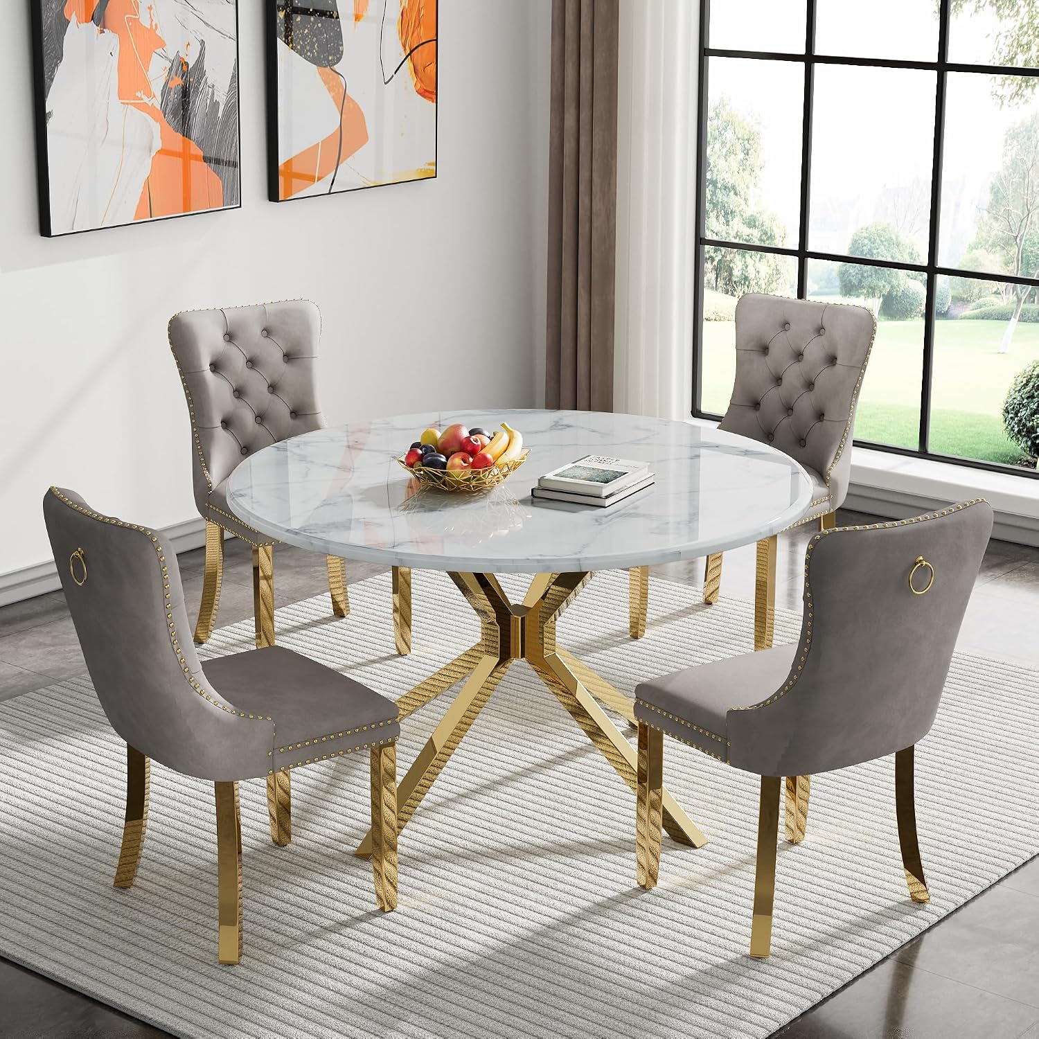 45.28' White Round Marble Dining Table, Circle Dining Room Table with Faux Marble Top & Gold Stainless Steel Leg, Modern Kitchen Table for 2 to 4 Person, Small Round Dinner Table for Dinette Breakfast
