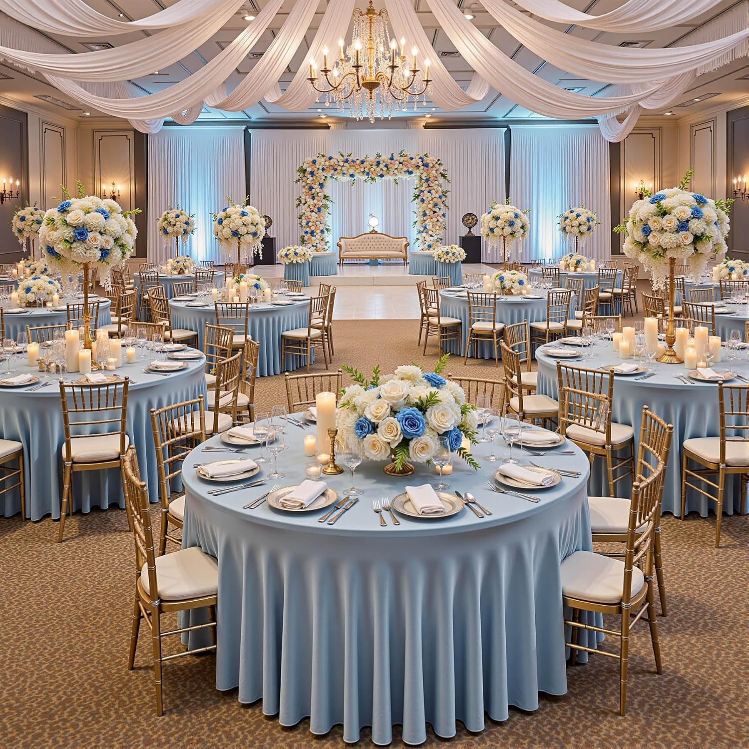 6 Pack Dusty Blue Spandex Round Tablecloths for 60 inch Table, Wrinkle Free Stretchy 120inch Fitted 5FT Round Table Cover Cloths with Skirt for Wedding Party Dining Banquet