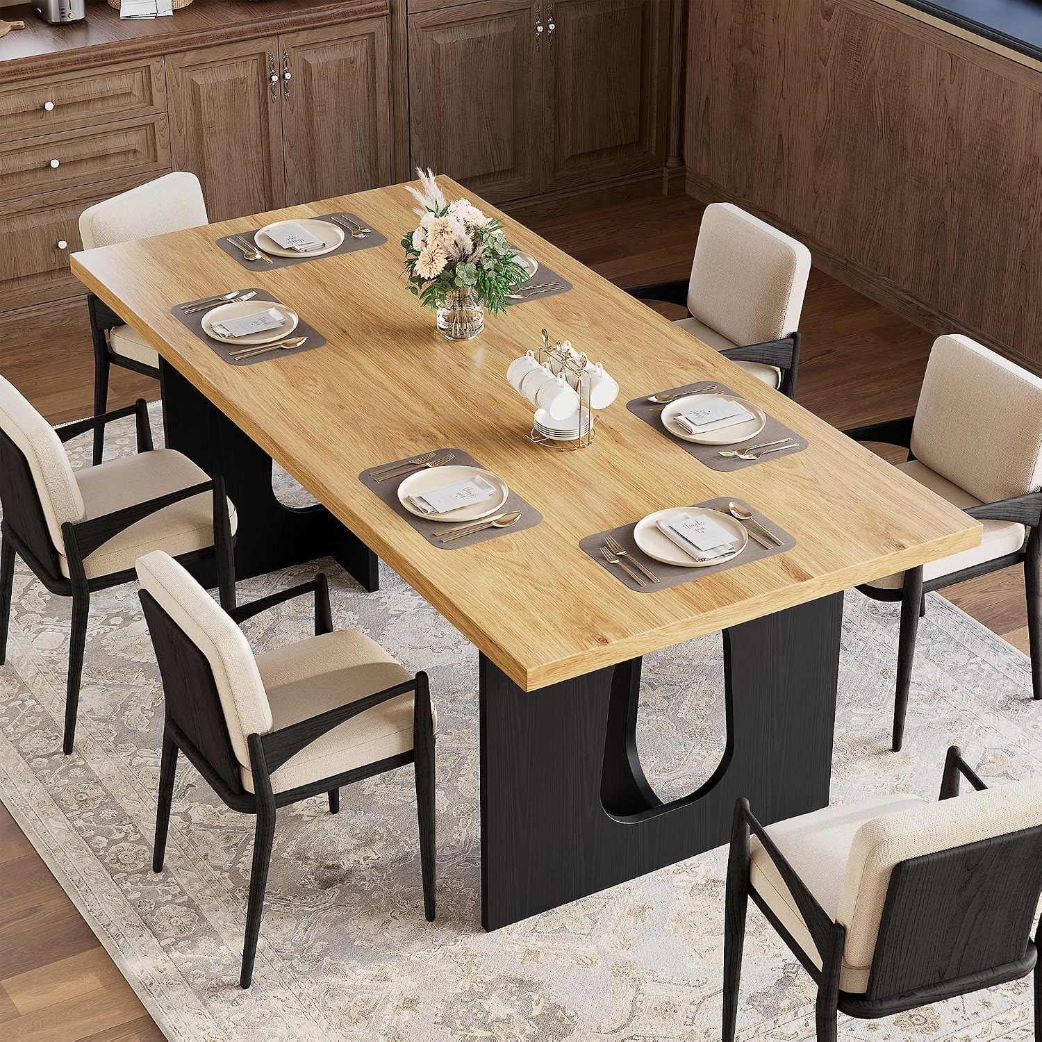 71' Long Dining Table for 6-10 People - Farmhouse Kitchen Table with Extra Thick Tabletop & Heavy-Duty Metal Legs, Sturdy Rectangular Table for Dining Room, Conference Room, Office, Natural + Black