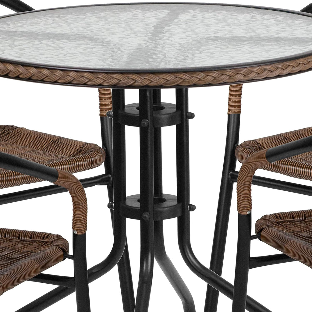 Flash Furniture Lila 28'' Round Glass Metal Table with Dark Brown Rattan Edging and 4 Dark Brown Rattan Stack Chairs