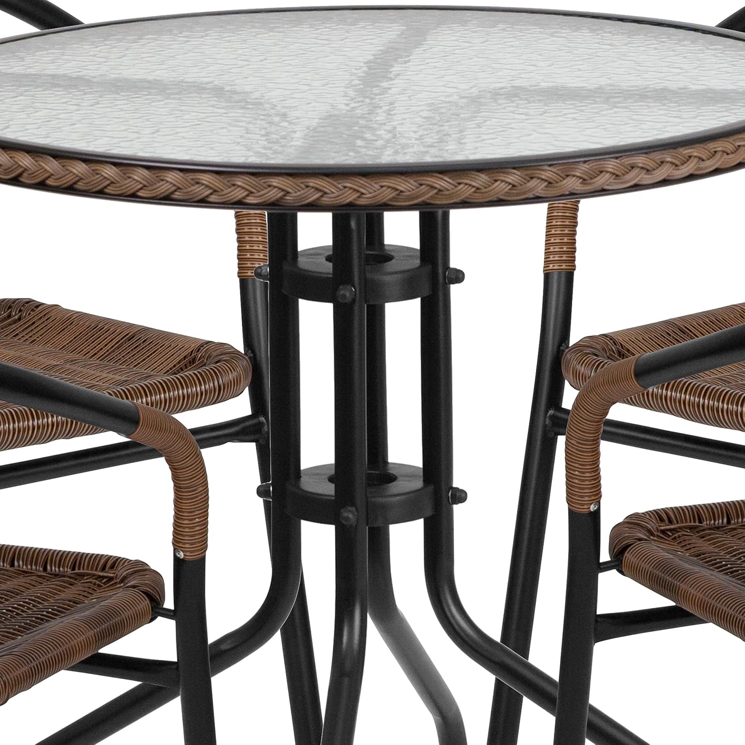 Flash Furniture Lila 28'' Round Glass Metal Table with Dark Brown Rattan Edging and 4 Dark Brown Rattan Stack Chairs