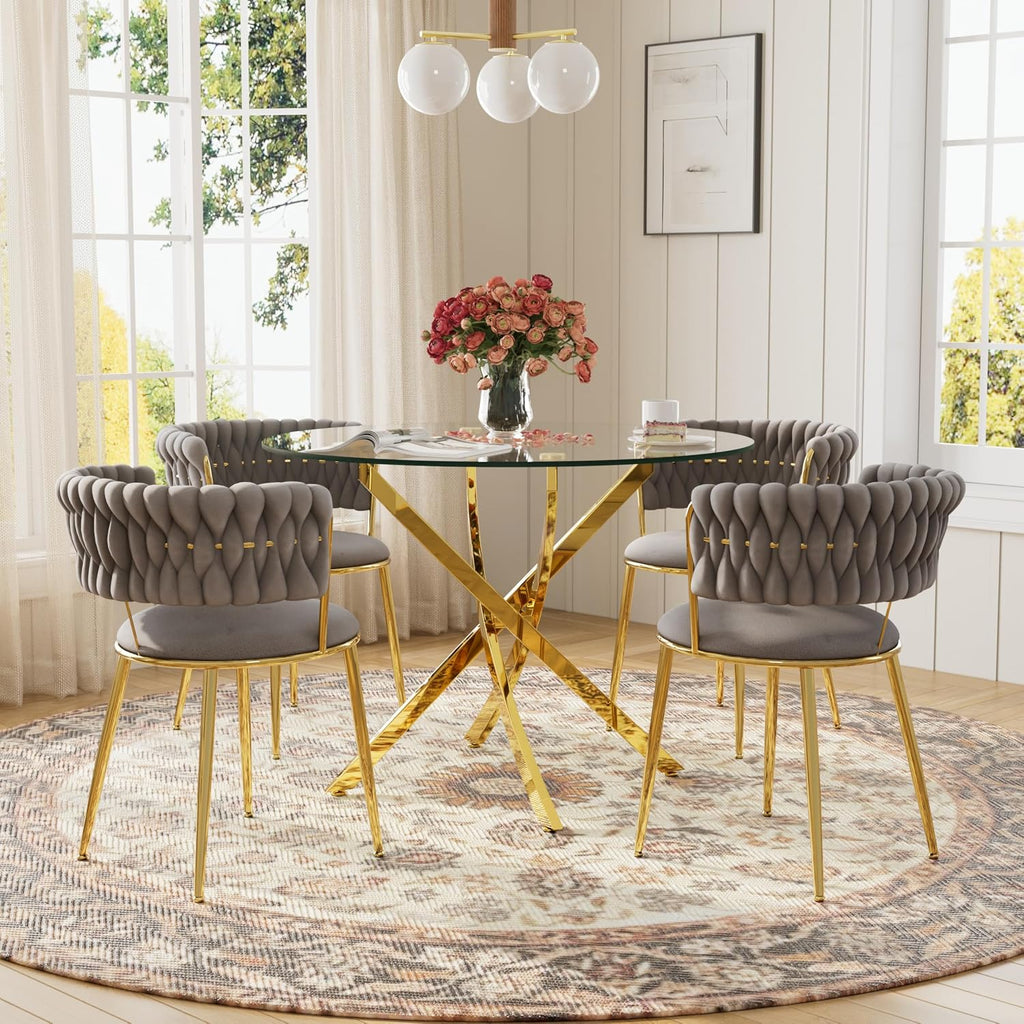 Round Glass Dining Table Set for 4, 36'' Small Circle Glass Kitchen Table with 4 Luxury Grey Gold Velvet Dining Chairs, 5-Piece Dining Room Table Set for Small Place(Gold Base)