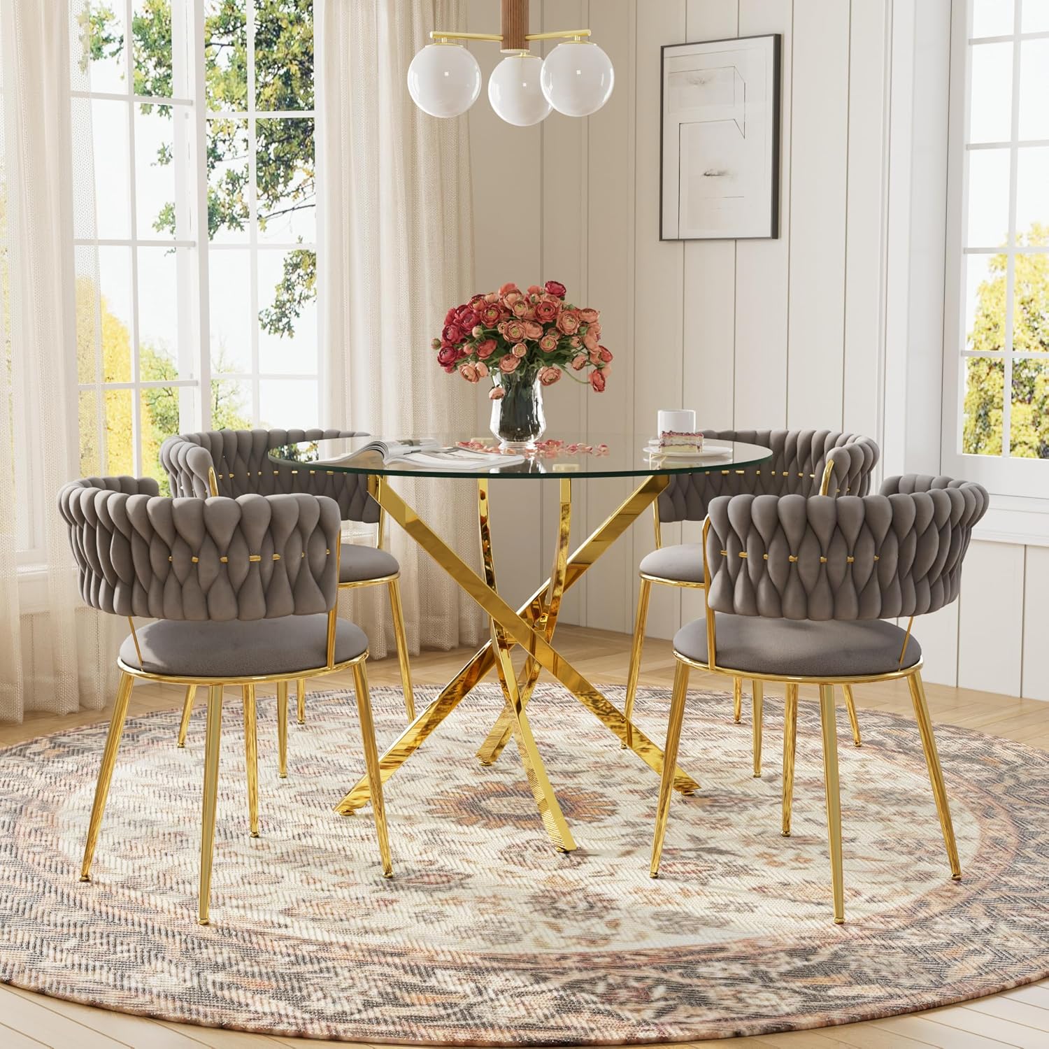 Round Glass Dining Table Set for 4, 36'' Small Circle Glass Kitchen Table with 4 Luxury Grey Gold Velvet Dining Chairs, 5-Piece Dining Room Table Set for Small Place(Gold Base)