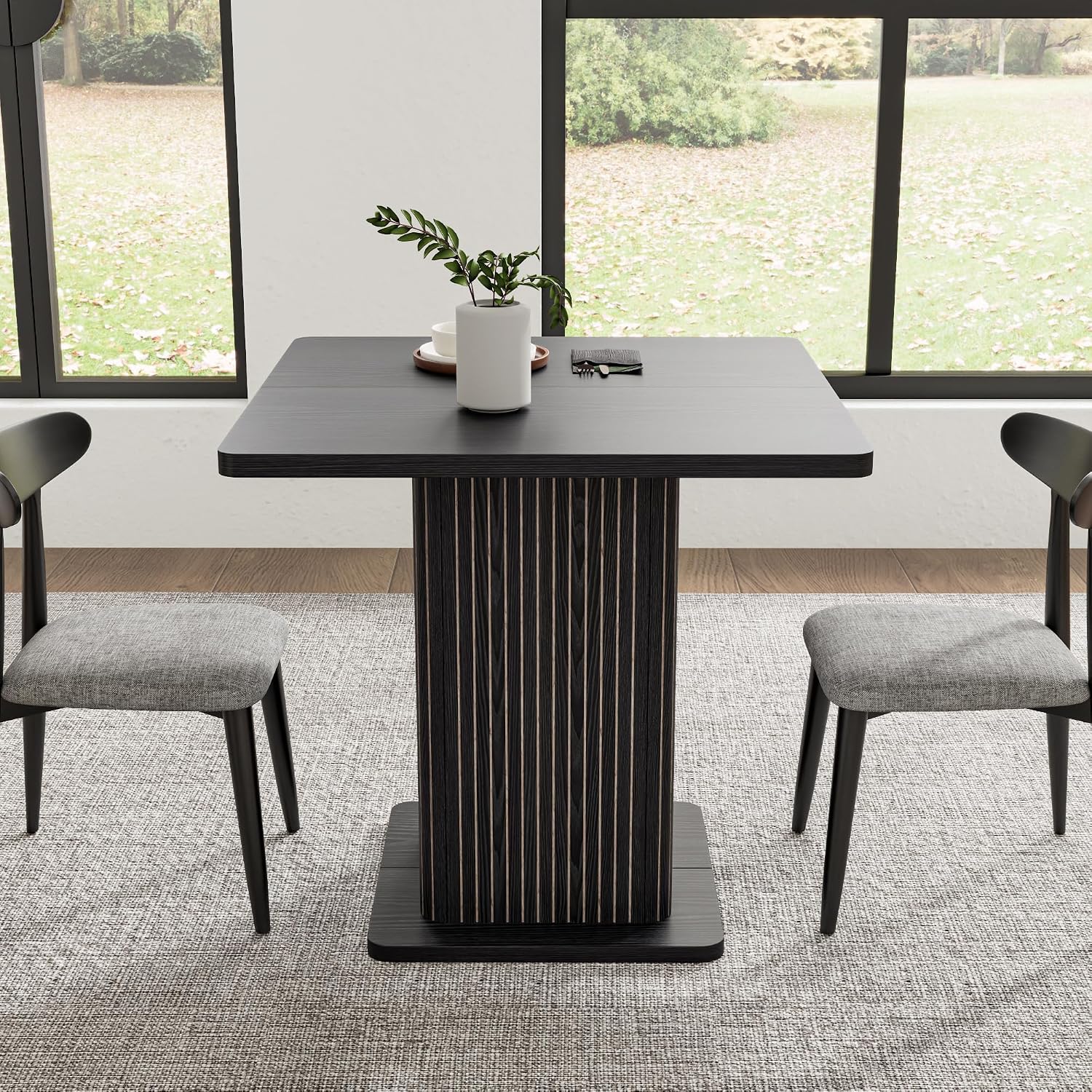 Small Black Dining Table for 2-4, 31.5 Inch Farmhouse Square Kitchen Table with 2-Tier Storage Shelf, Modern Wood Dinner Furniture with Fluted Doors, Dining Room, Living Room, Space Saving