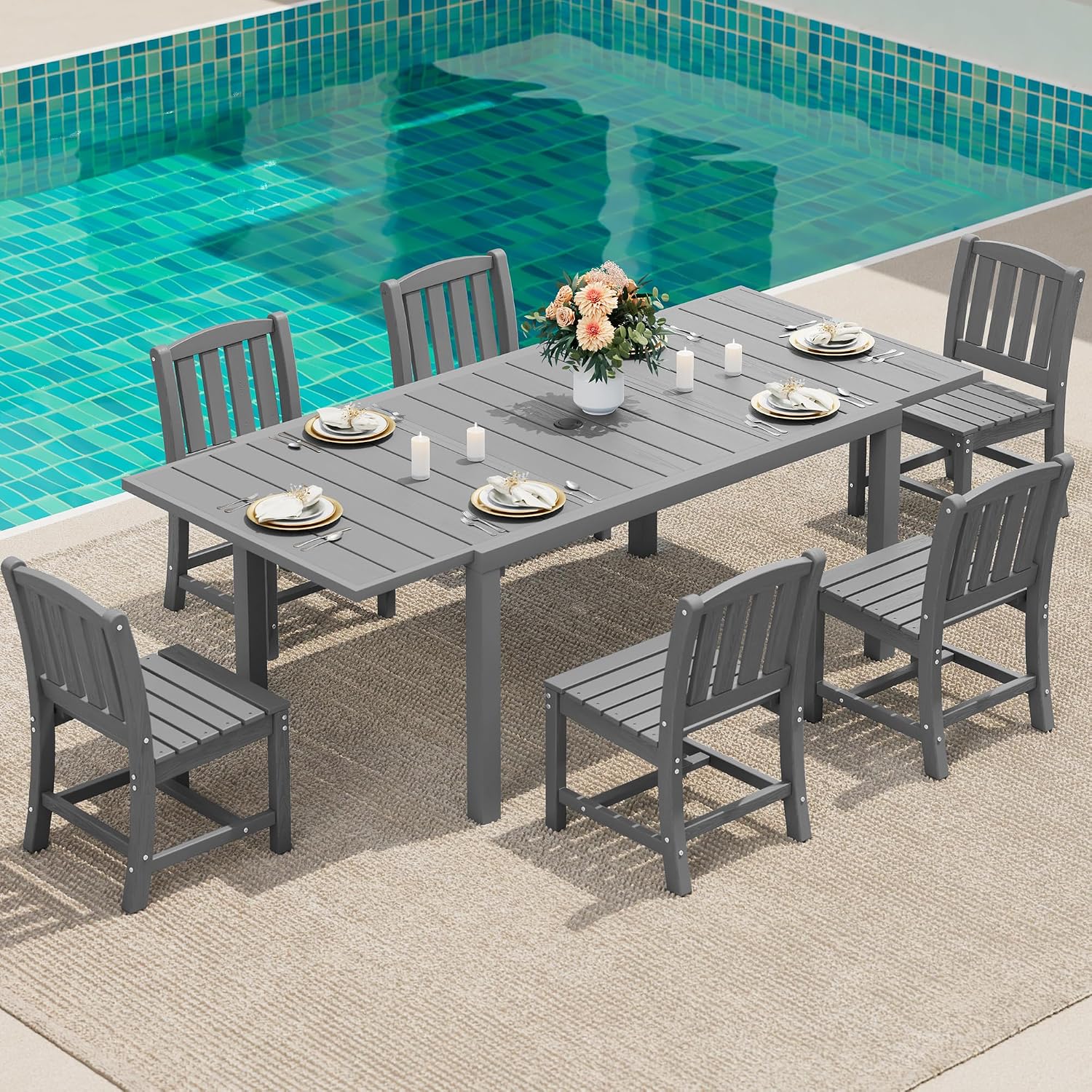 SERWALL 7-Piece Outdoor Dining Set, 60' - 83' Expandable Outdoor Dining Table and 6 HDPE Chairs, All Weather HDPE Outdoor Furniture Set for Backyard, Garden, Grey
