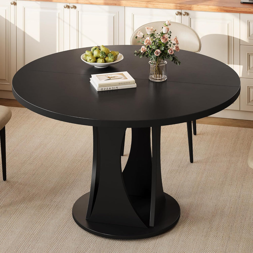 Einhomn Round Dining Table for 4-6, Kitchen Table with Sturdy Double Arc & Rounded Base & Backboard Clasp Desktop, Mid-Century Modern Circle Dinner Table for Dining Living Room, Space Saving, Black