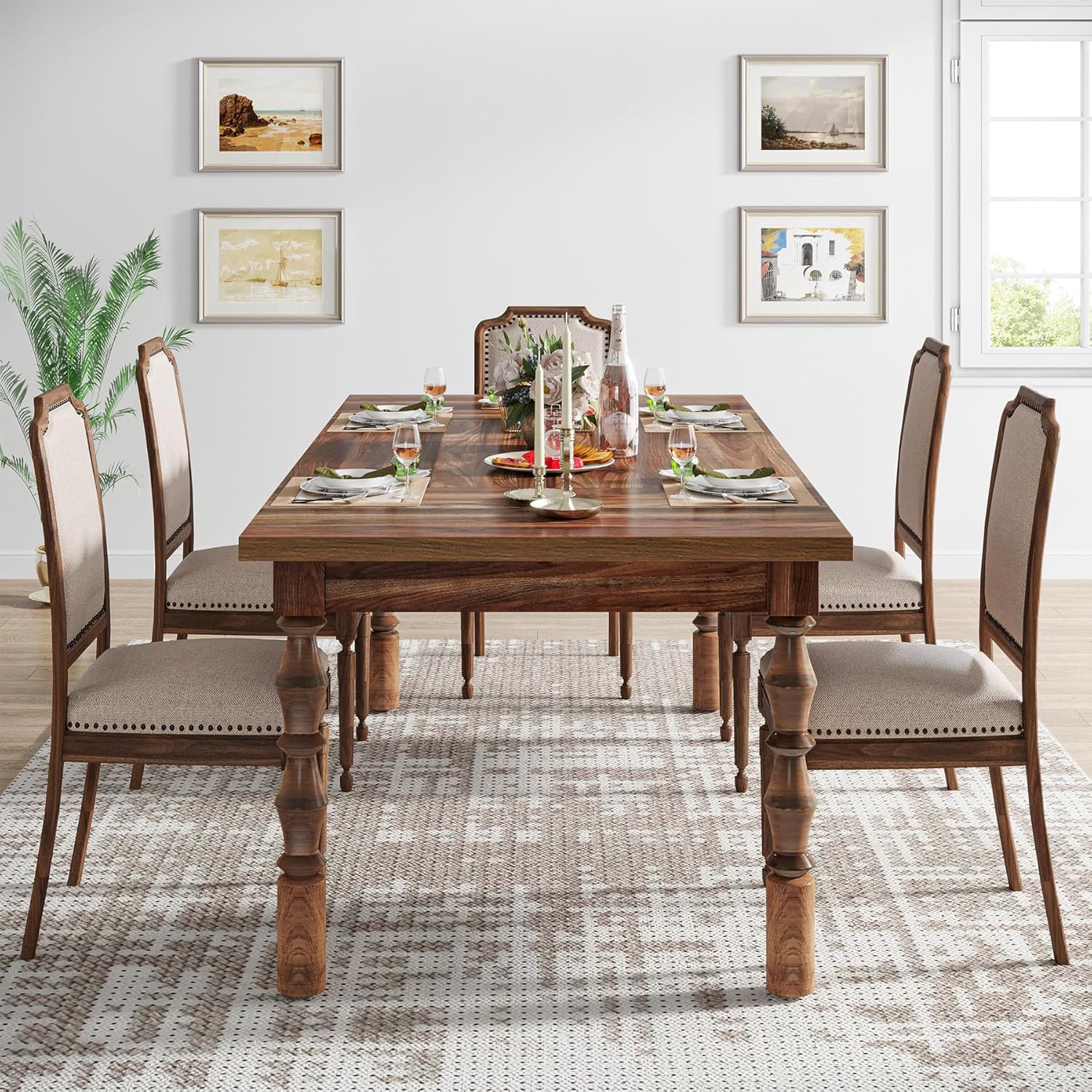 Tribesigns 62' Farmhouse Dining Table for 4-6 People, Large Rectangle Kitchen Table, Dinner Table Kitchen & Dining Room Furniture with Carved Turned Legs