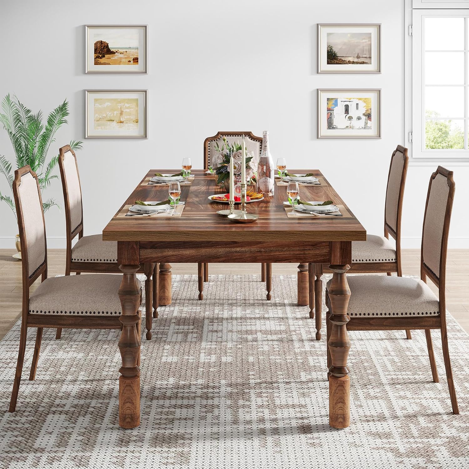 Tribesigns 62' Farmhouse Dining Table for 4-6 People, Large Wood Rectangle Kitchen Table, Modern Dinner Table Kitchen & Dining Room Furniture with Carved Turned Legs