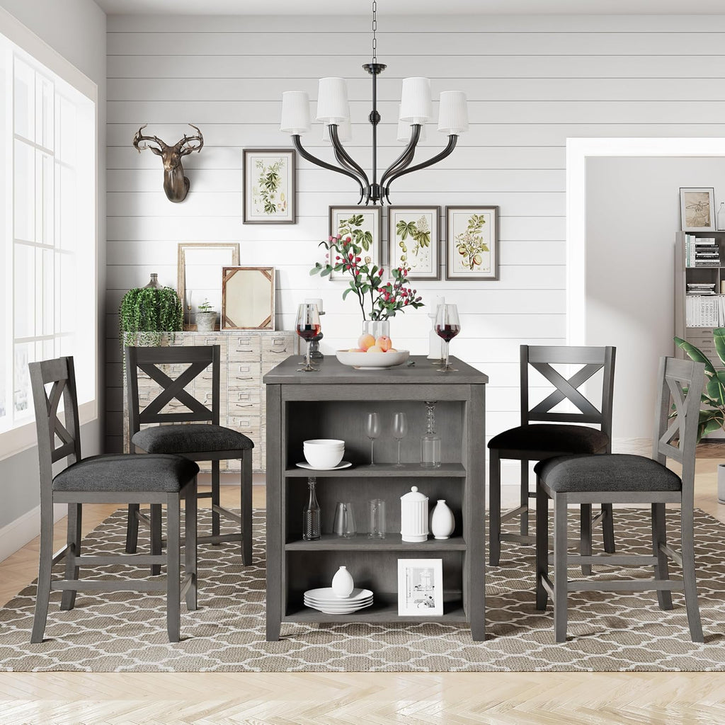 5 Pieces Counter Height Wooden Bar Table Set with 3-Tier Shelf and 4 Chairs, Rustic Farmhouse Dining Table Set for 4, Gray