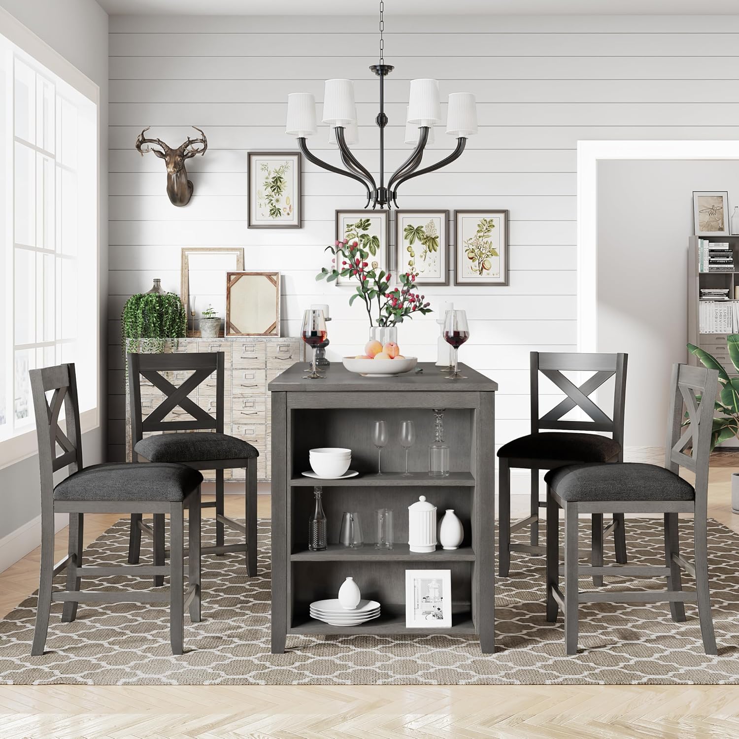 5 Pieces Counter Height Wooden Bar Table Set with 3-Tier Shelf and 4 Chairs, Rustic Farmhouse Dining Table Set for 4, Gray